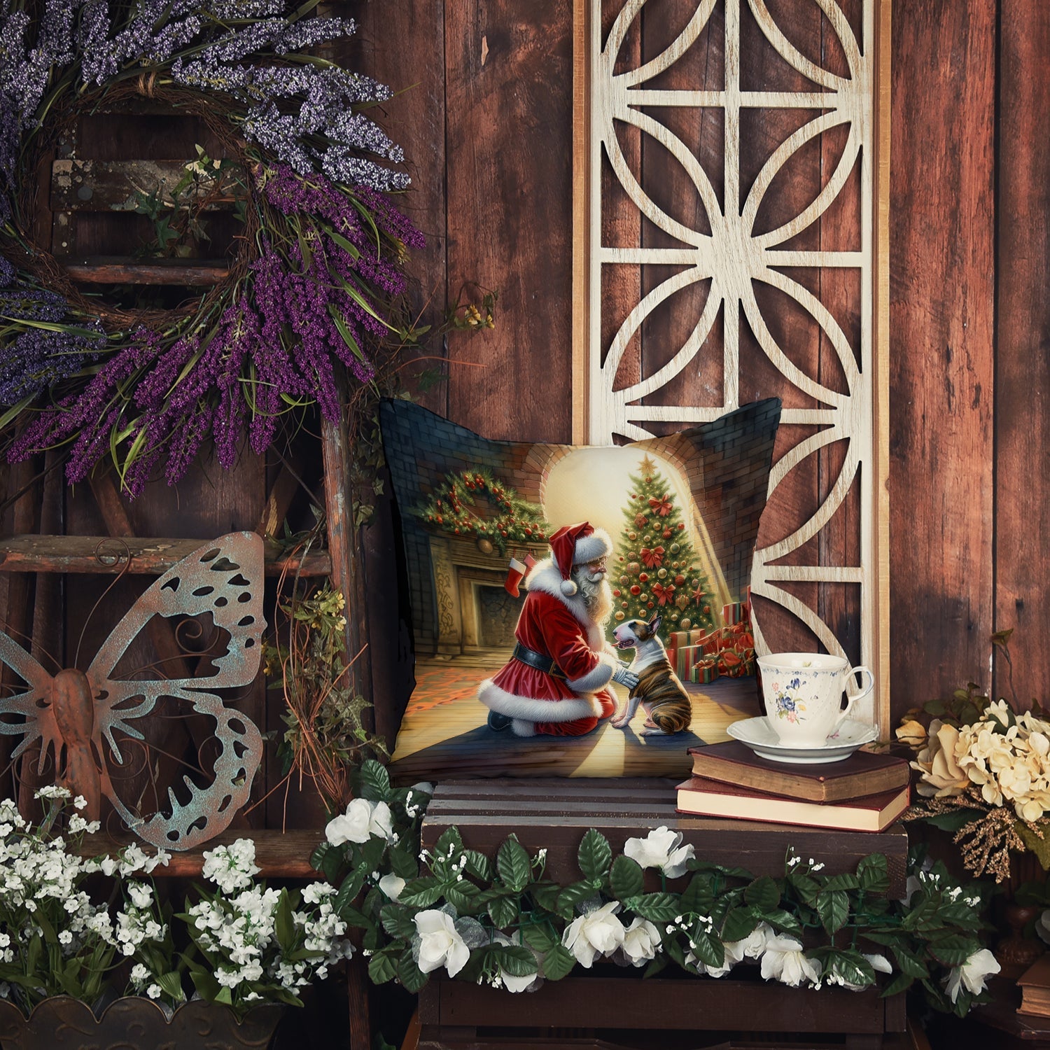 Bull Terrier and Santa Claus Decorative Throw Pillow 18x18 Indoor Outdoor Accent Cushion, Fabric Cover with Insert for Sofa, Bed, Porch & Living Room
