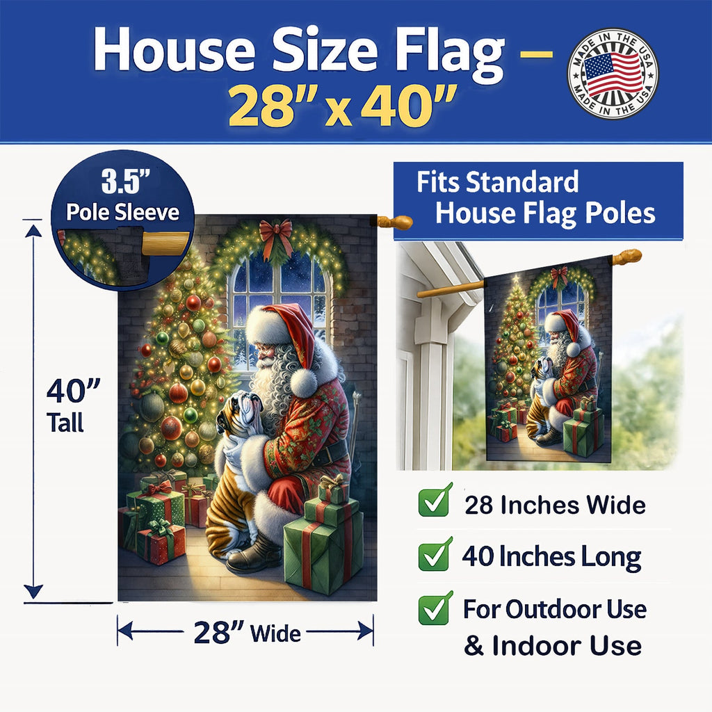 English Bulldog and Santa Claus House Flag 28x40 Porch Sleeve Pole Decorative Outside Yard Banner Artwork Wall Hanging, Polyester
