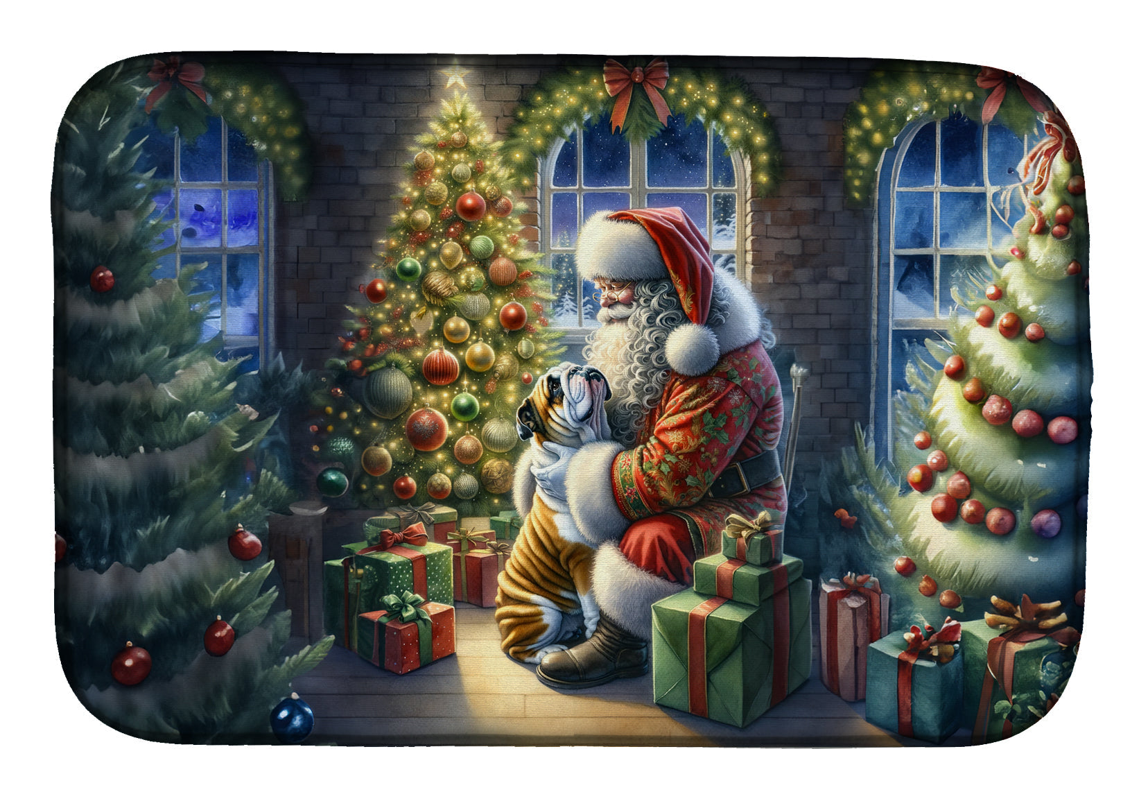 English Bulldog and Santa Claus Dish Drying Mat Absorbent Dish Drying Mat Pad for Kitchen Counter Dish Drainer Mat for Countertop, 14 x 21", Multicolor
