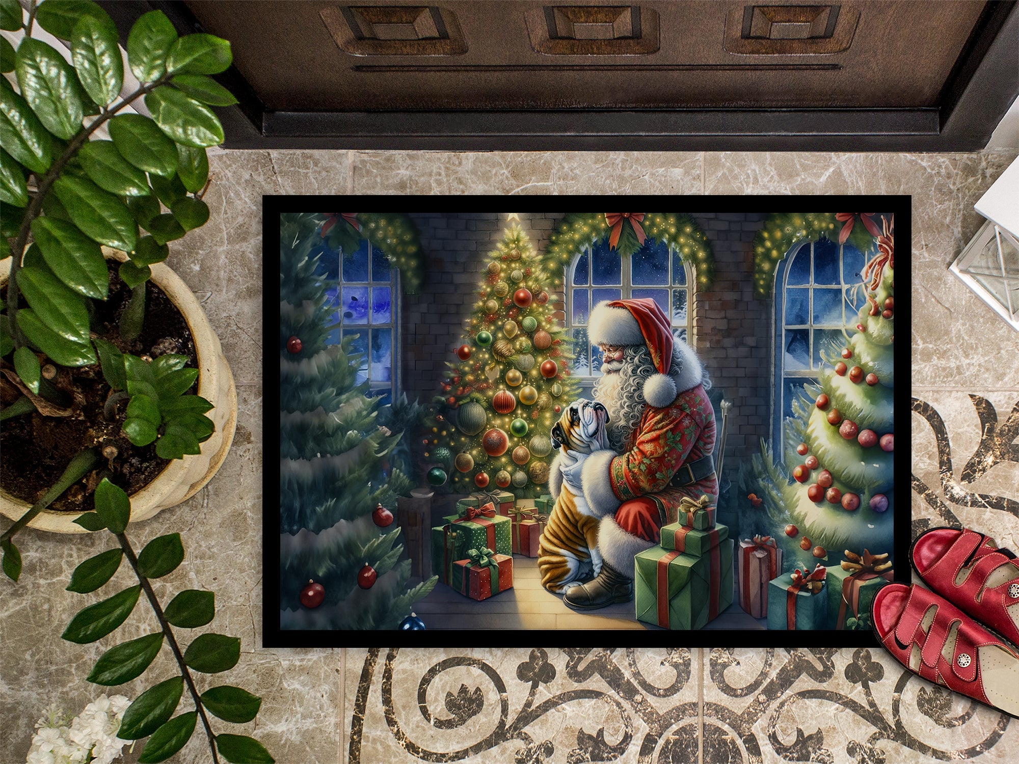 English Bulldog and Santa Claus Doormat Indoor Outdoor 18H X 27W Front Door Mat Rugs for Entryway, Non Slip Washable