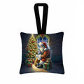 English Bulldog and Santa Claus Hanging Square Fabric Ornament 3.5 × 3.5 Decorative Door-Knob & Tree Hanger, Soft Fabric