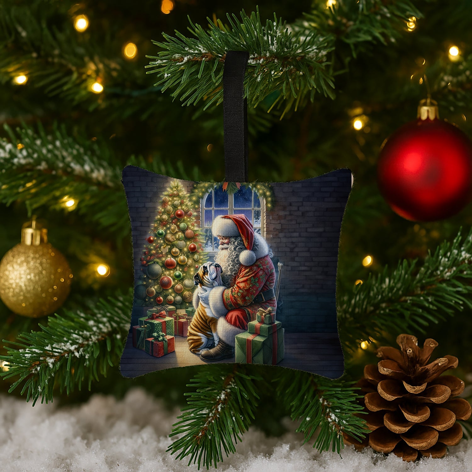 English Bulldog and Santa Claus Hanging Square Fabric Ornament 3.5 × 3.5 Decorative Door-Knob & Tree Hanger, Soft Fabric
