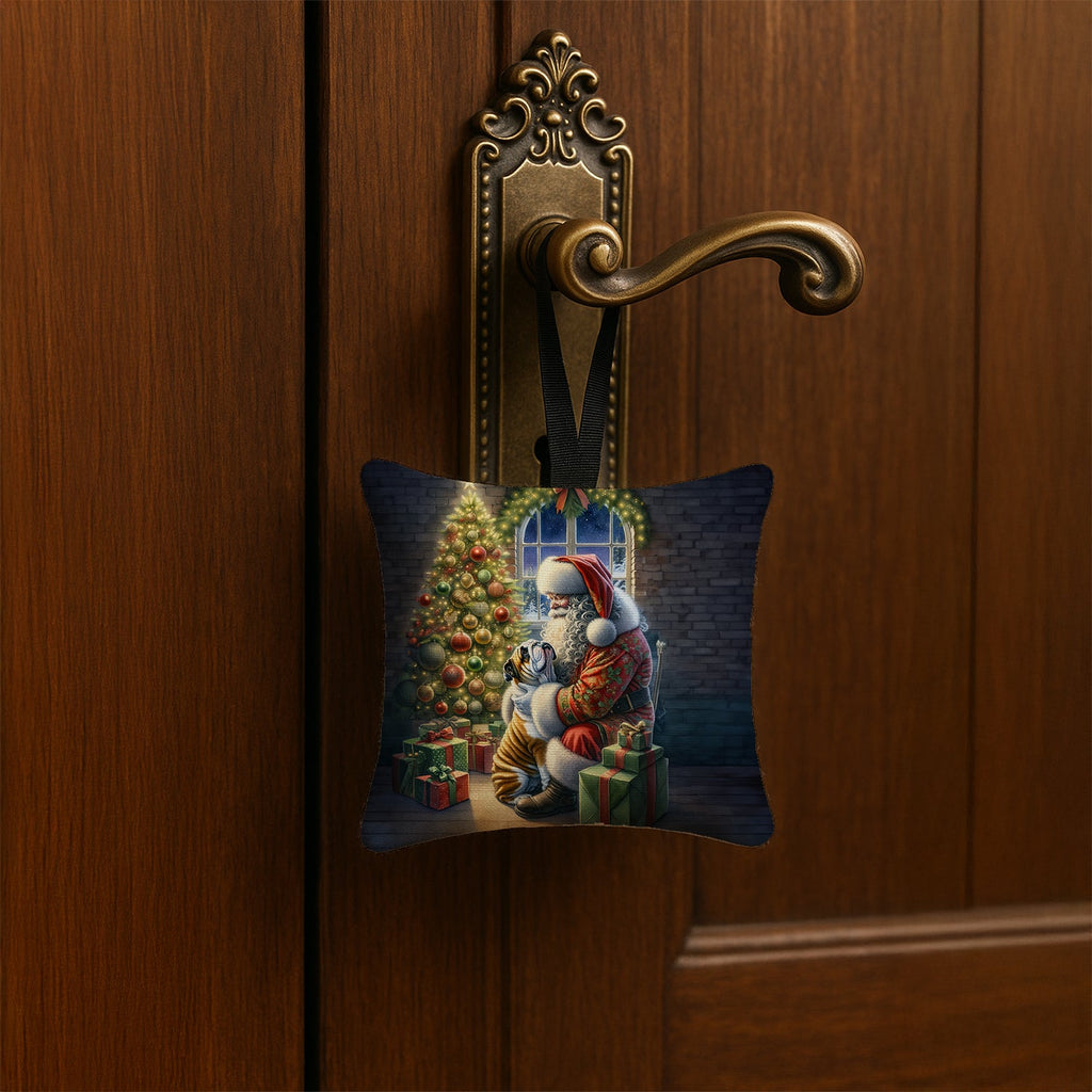 English Bulldog and Santa Claus Hanging Square Fabric Ornament 3.5 × 3.5 Decorative Door-Knob & Tree Hanger, Soft Fabric