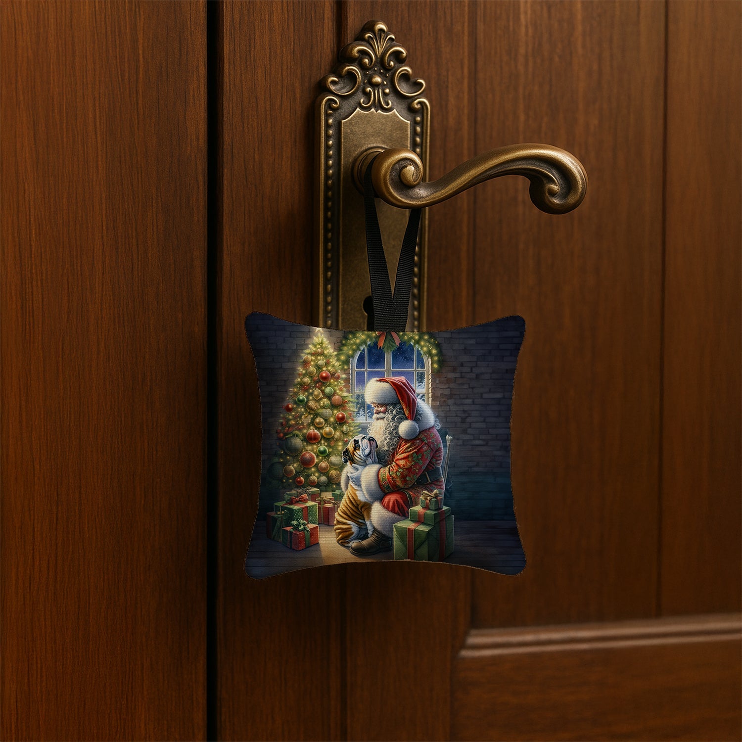 English Bulldog and Santa Claus Hanging Square Fabric Ornament 3.5 × 3.5 Decorative Door-Knob & Tree Hanger, Soft Fabric