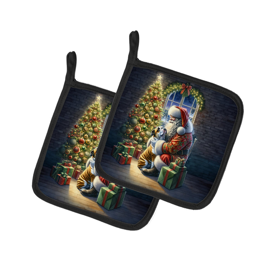 English Bulldog and Santa Claus Pot Holder Set of 2 Heat Resistant Quilted Hot Pads 7.5 x 7.5 Inch, Insulated Kitchen Trivets for Cooking & Baking