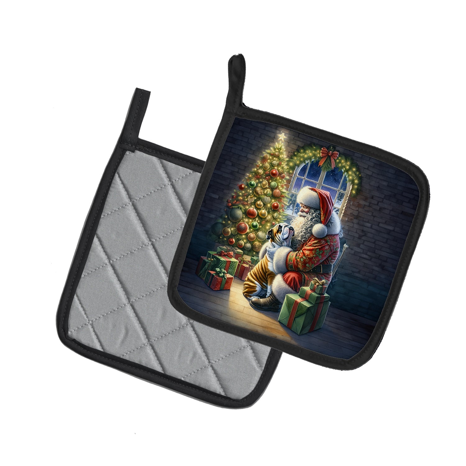 English Bulldog and Santa Claus Pot Holder Set of 2 Heat Resistant Quilted Hot Pads 7.5 x 7.5 Inch, Insulated Kitchen Trivets for Cooking & Baking