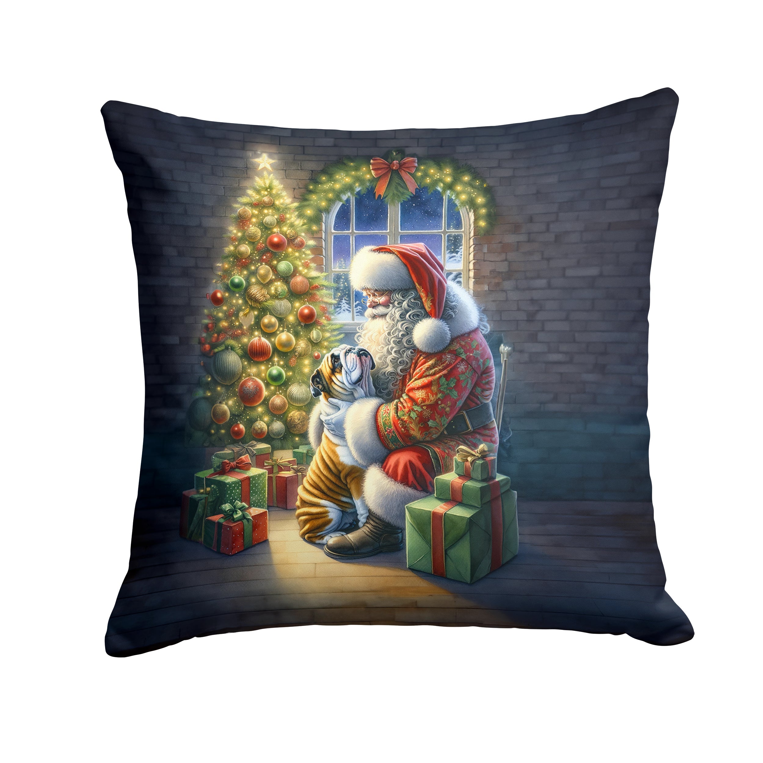 English Bulldog and Santa Claus Decorative Throw Pillow 14x14 Indoor Outdoor Accent Cushion, Fabric Cover with Insert for Sofa, Bed, Porch & Living Room