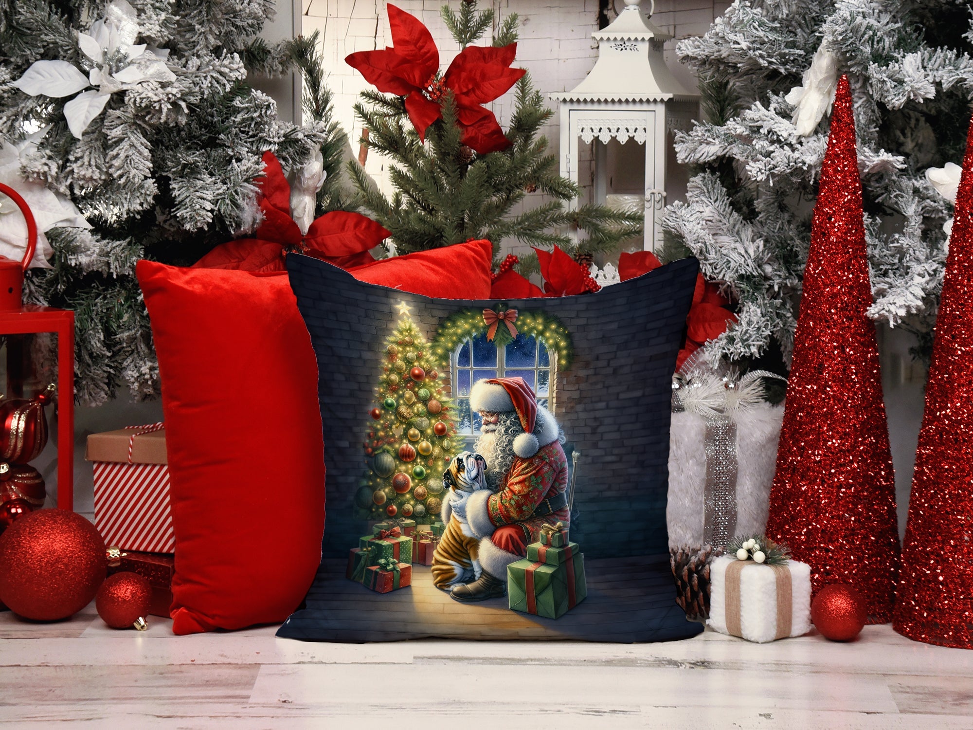 English Bulldog and Santa Claus Decorative Throw Pillow 14x14 Indoor Outdoor Accent Cushion, Fabric Cover with Insert for Sofa, Bed, Porch & Living Room