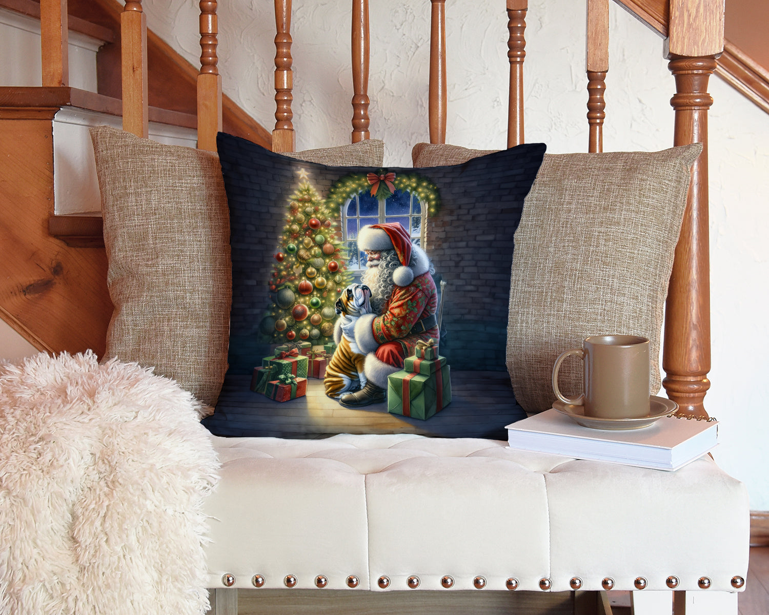 English Bulldog and Santa Claus Decorative Throw Pillow 14x14 Indoor Outdoor Accent Cushion, Fabric Cover with Insert for Sofa, Bed, Porch & Living Room