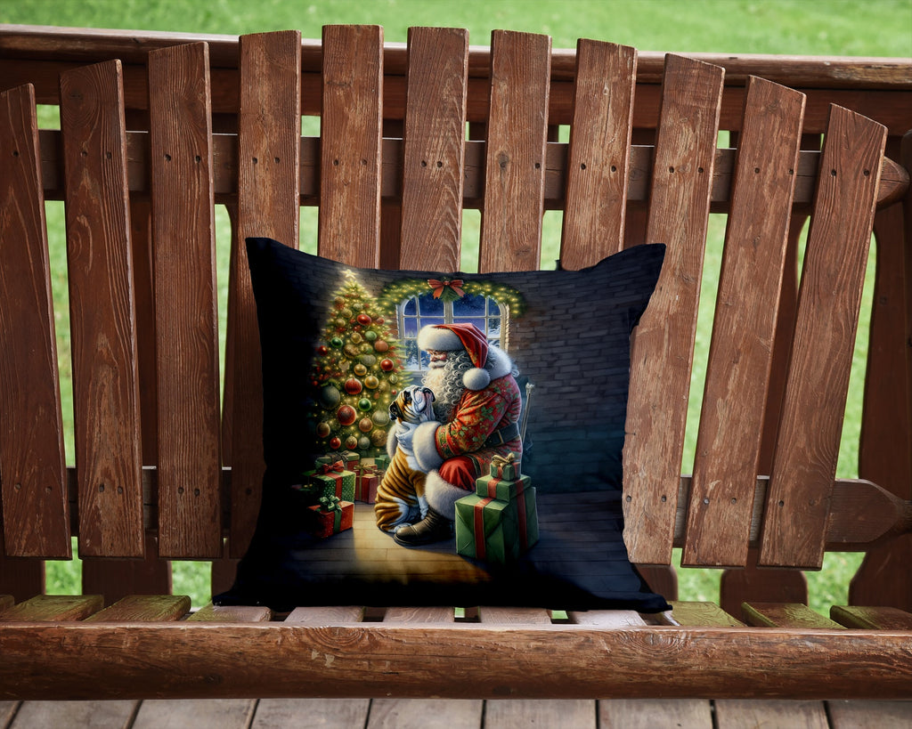 English Bulldog and Santa Claus Decorative Throw Pillow 14x14 Indoor Outdoor Accent Cushion, Fabric Cover with Insert for Sofa, Bed, Porch & Living Room