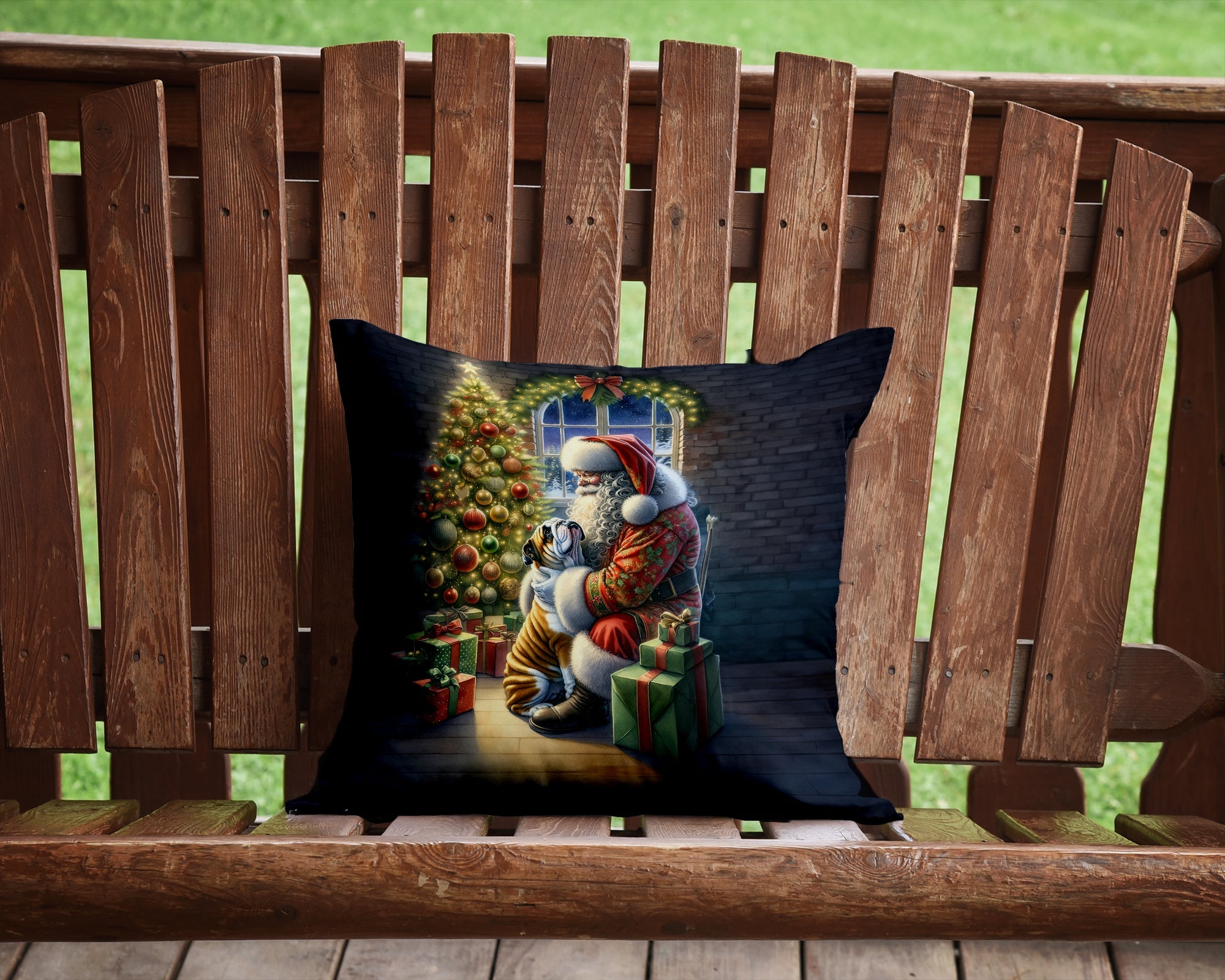 English Bulldog and Santa Claus Decorative Throw Pillow 14x14 Indoor Outdoor Accent Cushion, Fabric Cover with Insert for Sofa, Bed, Porch & Living Room