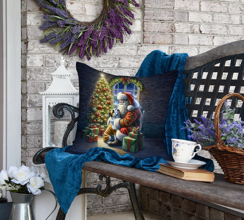 English Bulldog and Santa Claus Decorative Throw Pillow 18x18 Indoor Outdoor Accent Cushion, Fabric Cover with Insert for Sofa, Bed, Porch & Living Room