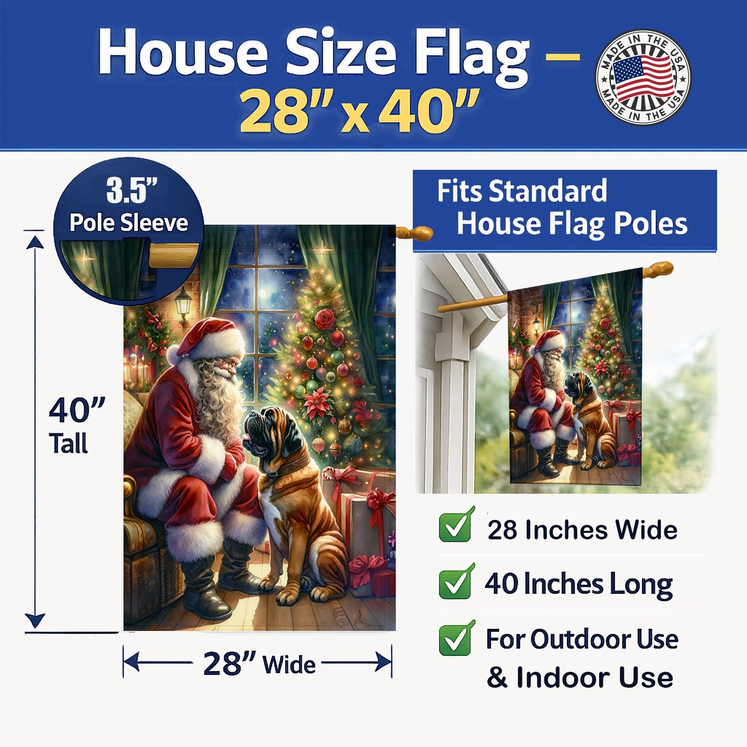 Bullmastiff and Santa Claus House Flag 28x40 Porch Sleeve Pole Decorative Outside Yard Banner Artwork Wall Hanging, Polyester