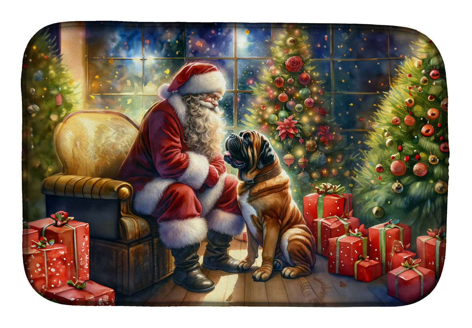 Bullmastiff and Santa Claus Dish Drying Mat Absorbent Dish Drying Mat Pad for Kitchen Counter Dish Drainer Mat for Countertop, 14 x 21", Multicolor