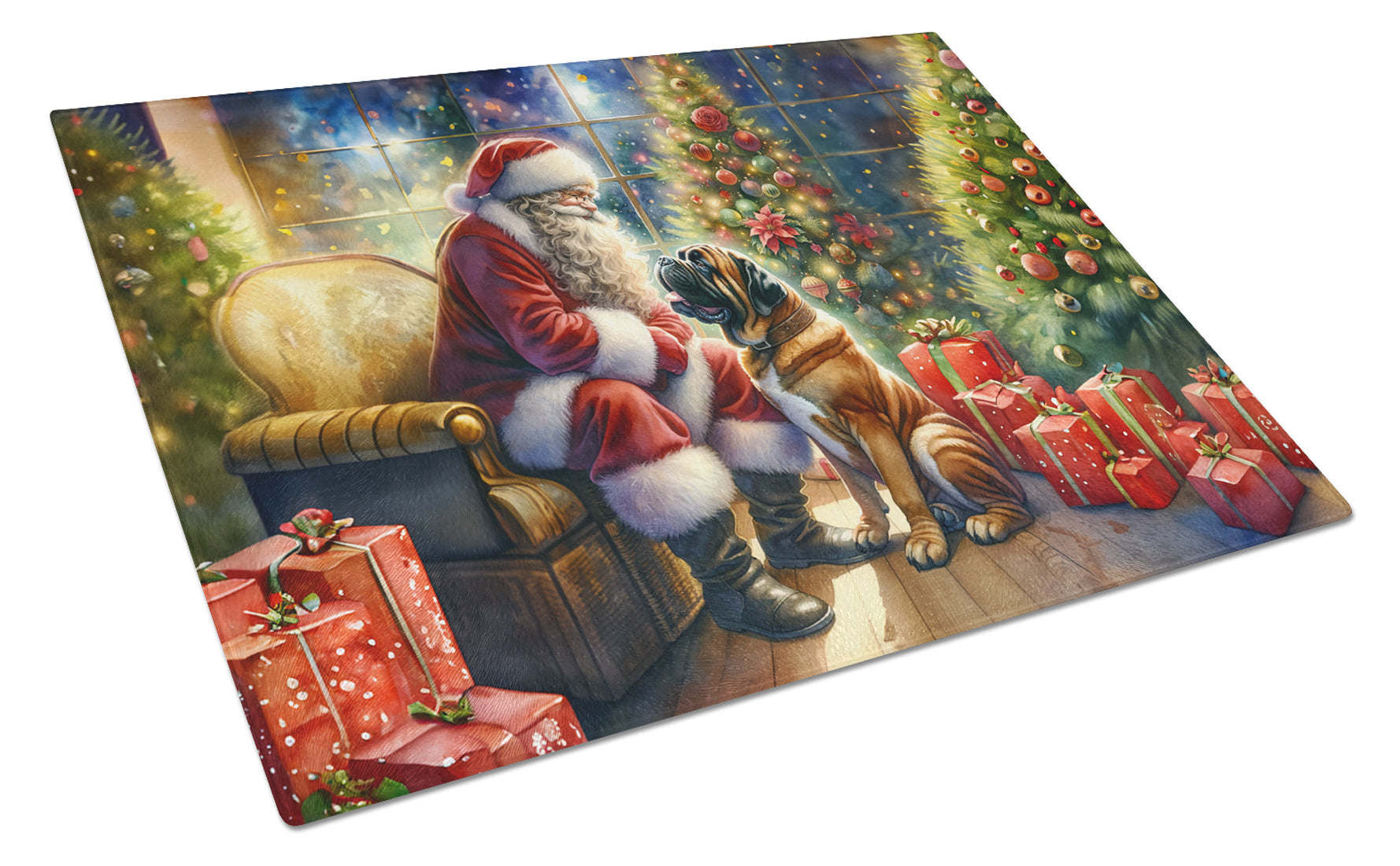 Bullmastiff and Santa Claus Cutting Board Tempered Glass Kitchen Cutting Surface, Heat Resistant Chopping, Non-Slip Feet, Food Prep & Serving