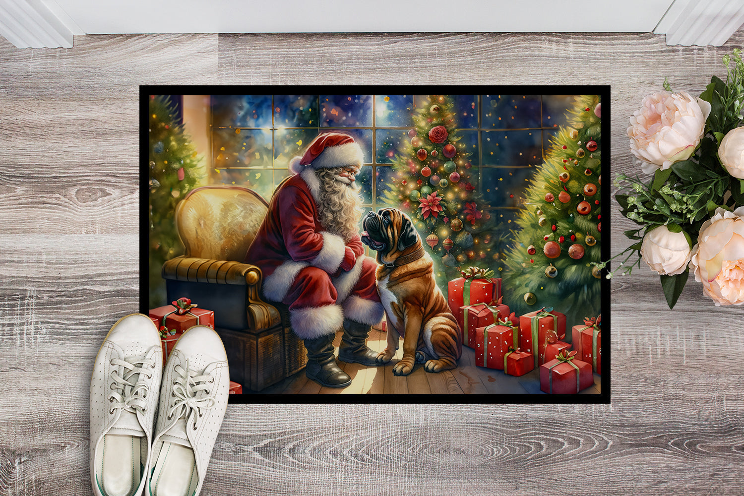Bullmastiff and Santa Claus Doormat Indoor Outdoor 18H X 27W Front Door Mat Rugs for Entryway, Non Slip Washable
