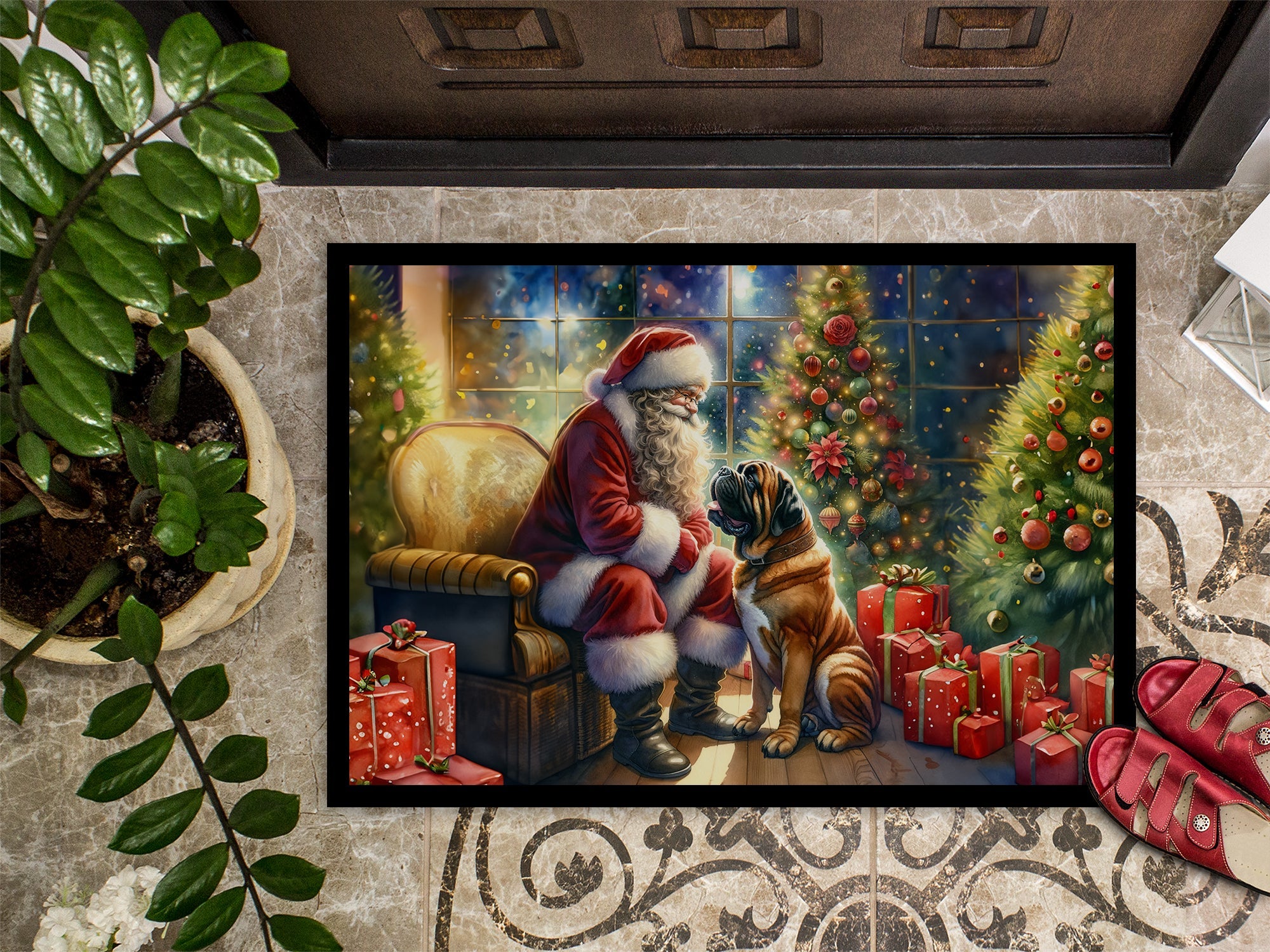 Bullmastiff and Santa Claus Doormat Indoor Outdoor 18H X 27W Front Door Mat Rugs for Entryway, Non Slip Washable
