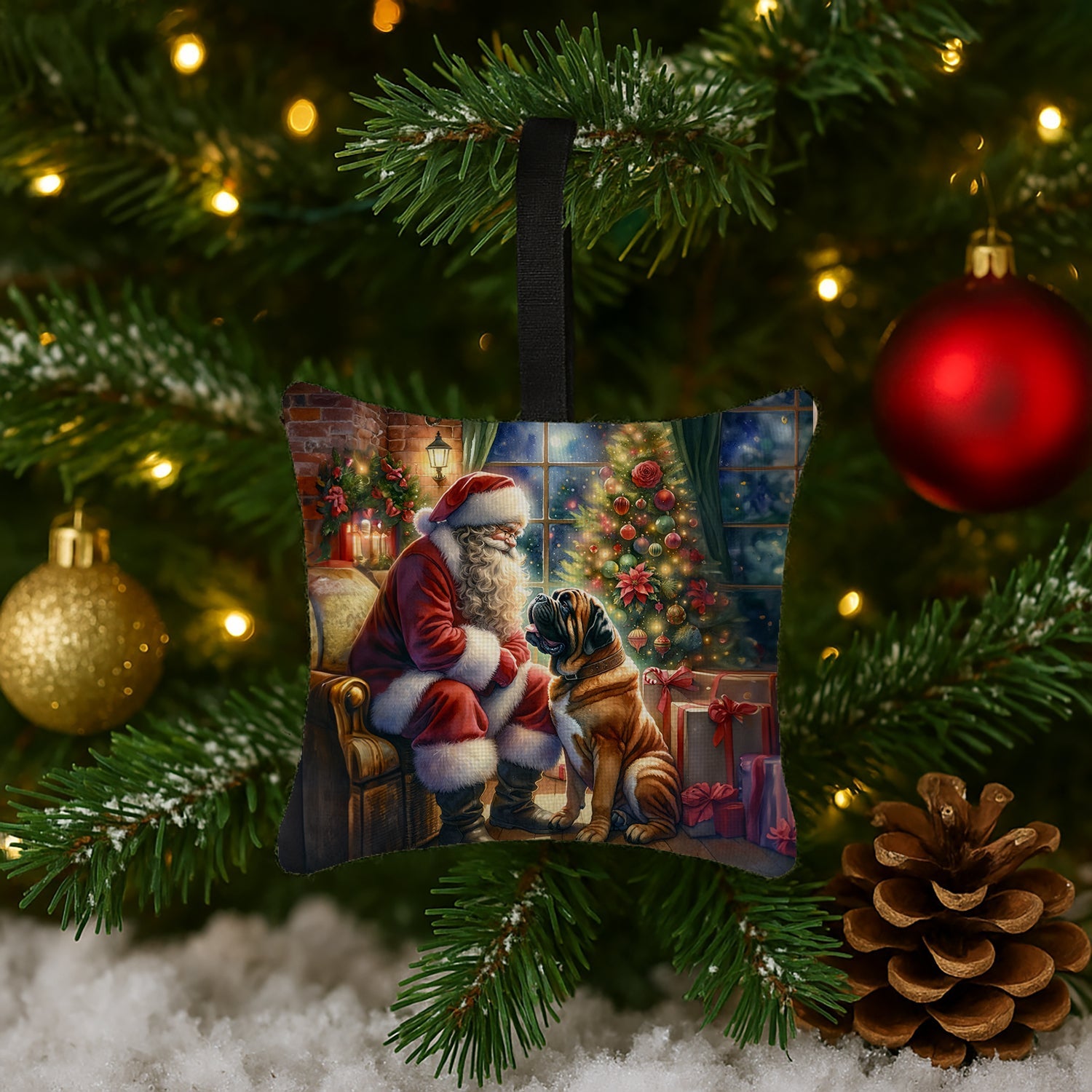 Bullmastiff and Santa Claus Hanging Square Fabric Ornament 3.5 × 3.5 Decorative Door-Knob & Tree Hanger, Soft Fabric