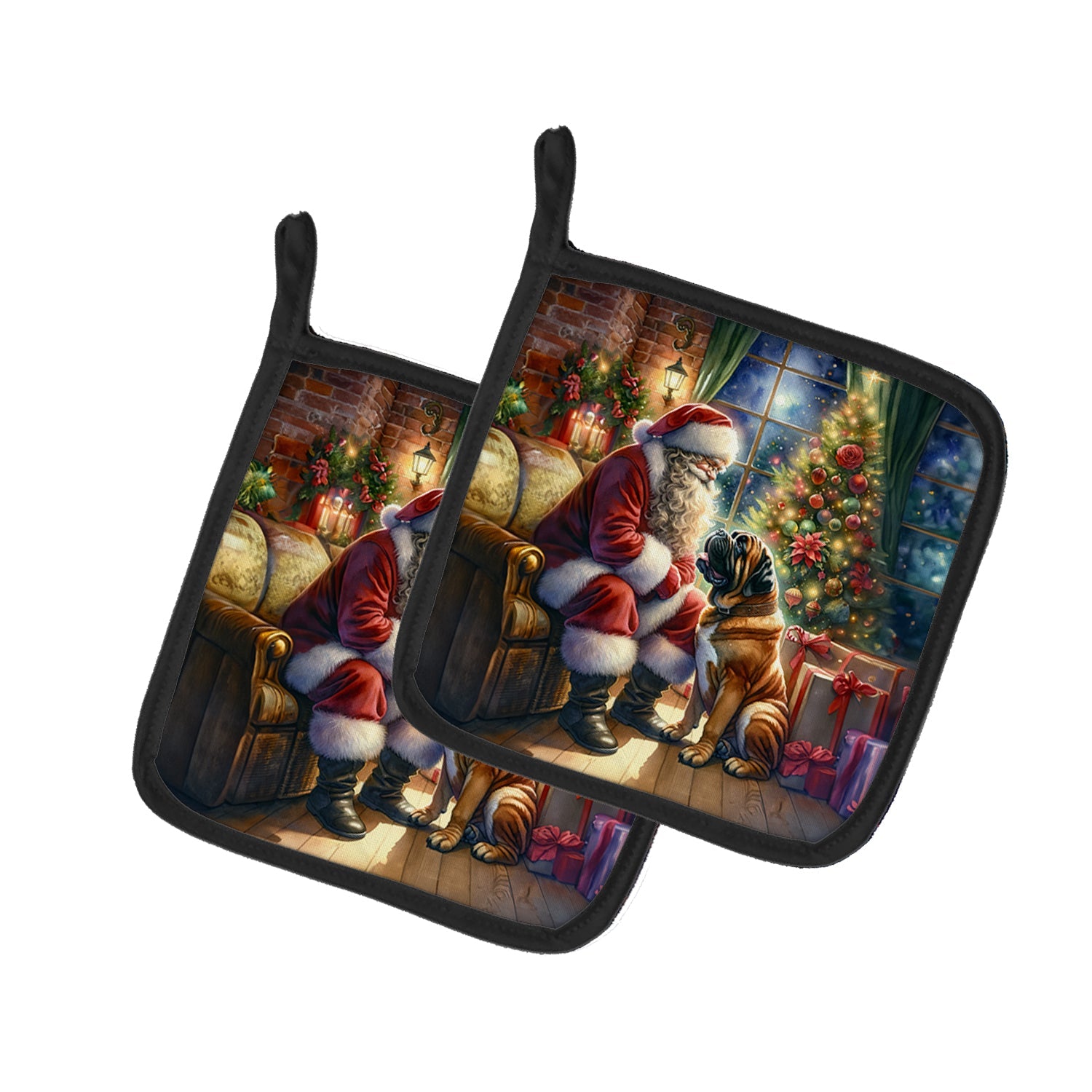 Bullmastiff and Santa Claus Pot Holder Set of 2 Heat Resistant Quilted Hot Pads 7.5 x 7.5 Inch, Insulated Kitchen Trivets for Cooking & Baking
