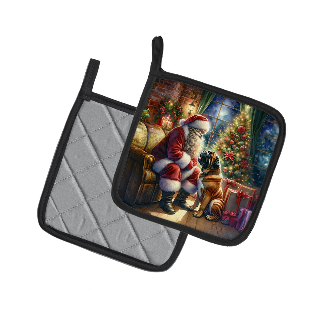 Bullmastiff and Santa Claus Pot Holder Set of 2 Heat Resistant Quilted Hot Pads 7.5 x 7.5 Inch, Insulated Kitchen Trivets for Cooking & Baking