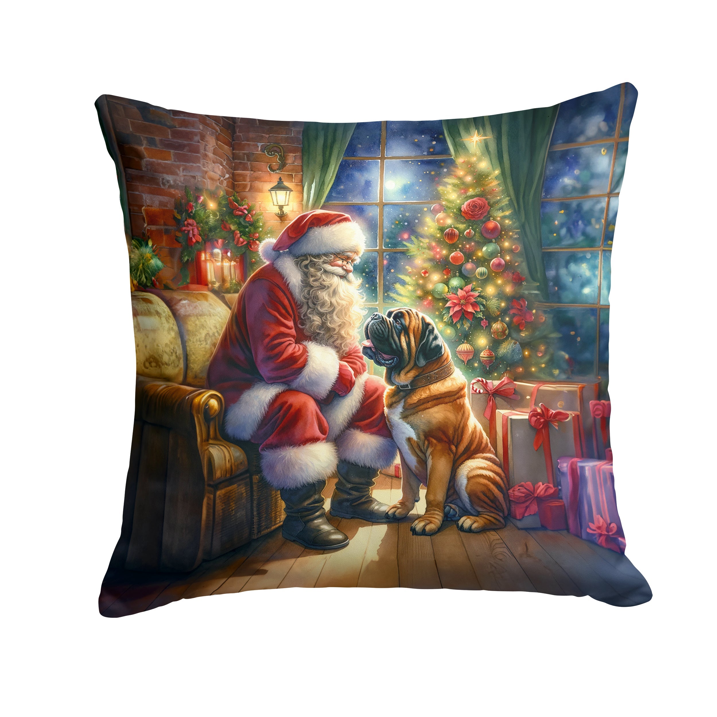 Bullmastiff and Santa Claus Decorative Throw Pillow 14x14 Indoor Outdoor Accent Cushion, Fabric Cover with Insert for Sofa, Bed, Porch & Living Room