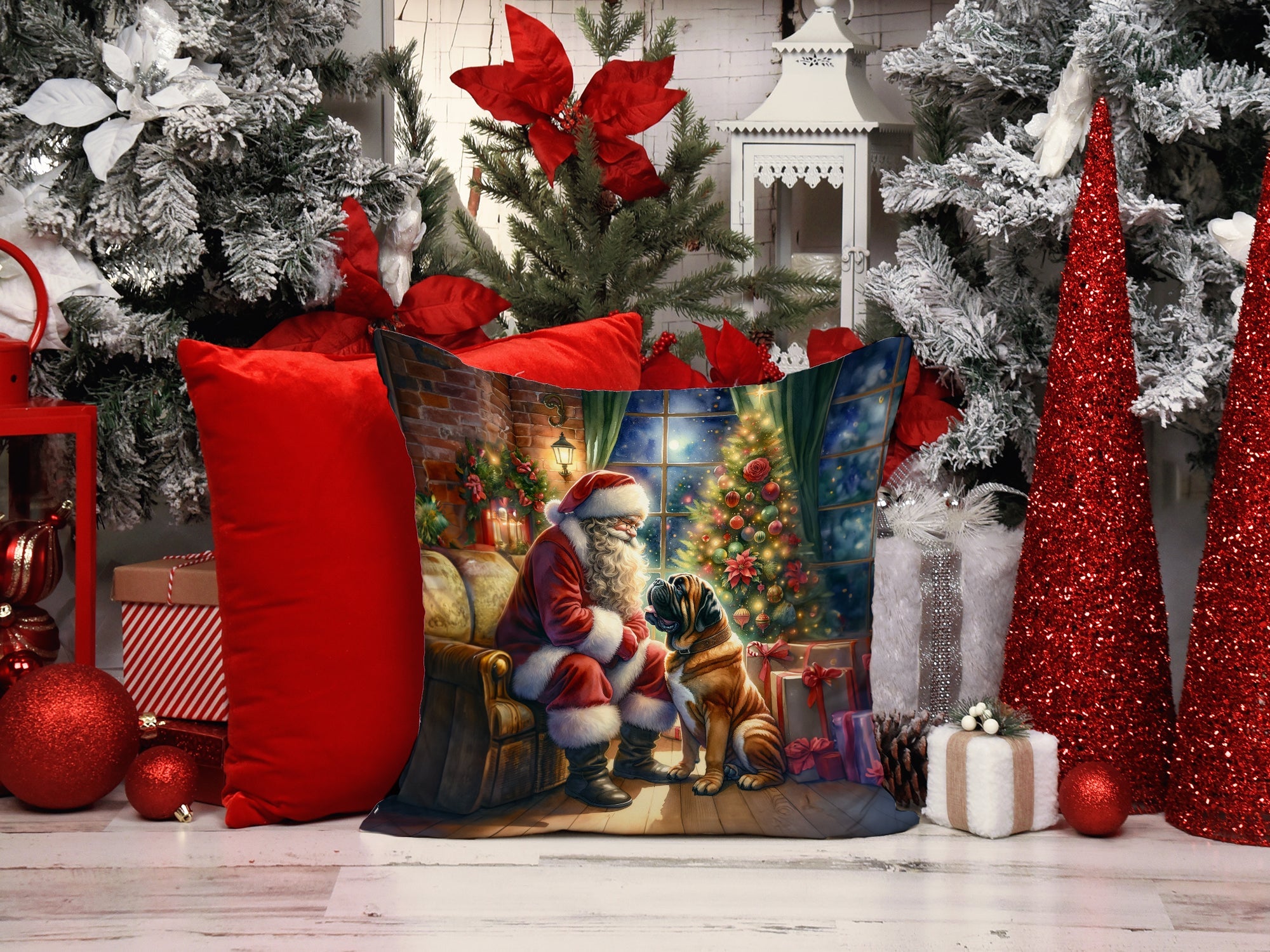 Bullmastiff and Santa Claus Decorative Throw Pillow 14x14 Indoor Outdoor Accent Cushion, Fabric Cover with Insert for Sofa, Bed, Porch & Living Room