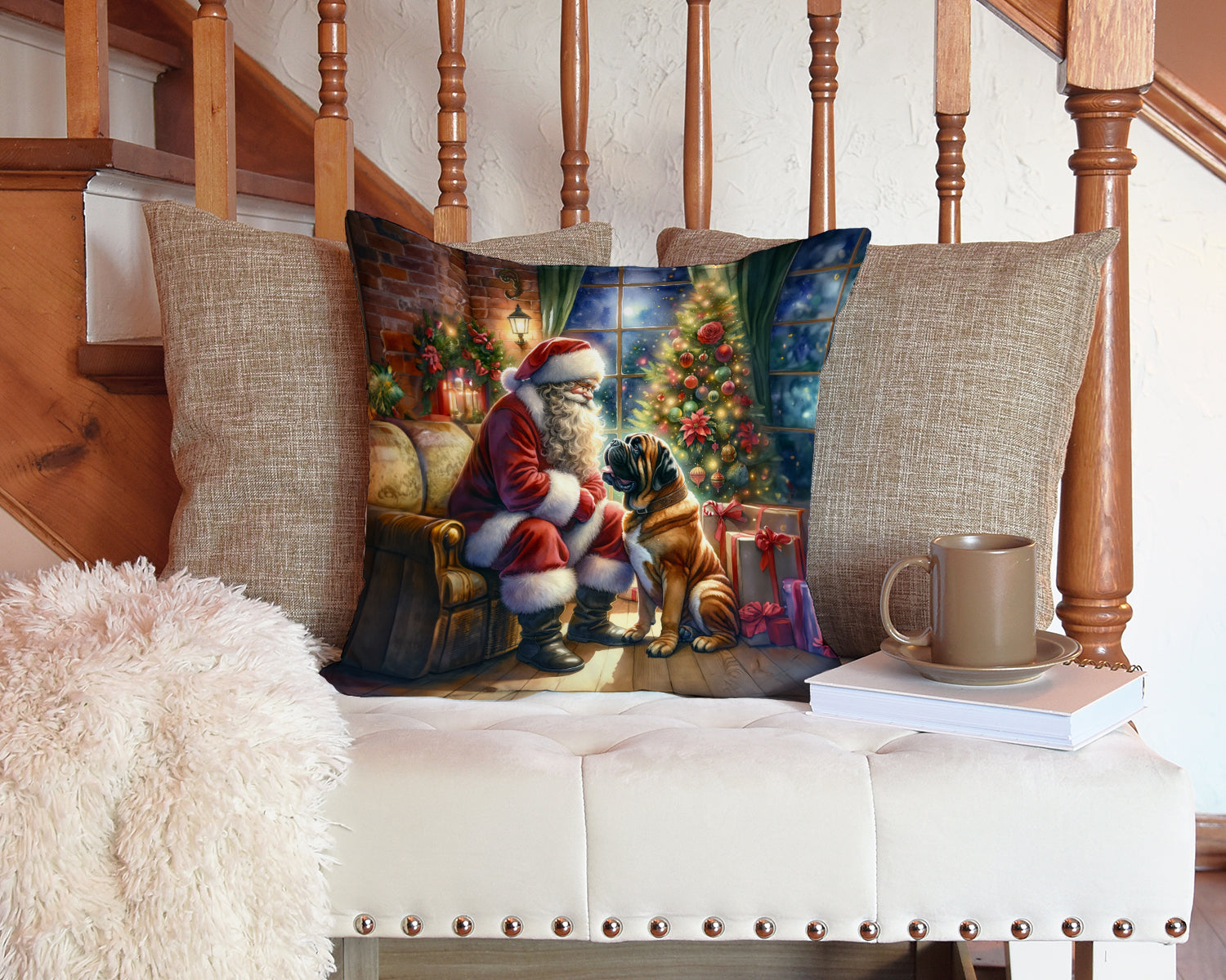 Bullmastiff and Santa Claus Decorative Throw Pillow 14x14 Indoor Outdoor Accent Cushion, Fabric Cover with Insert for Sofa, Bed, Porch & Living Room