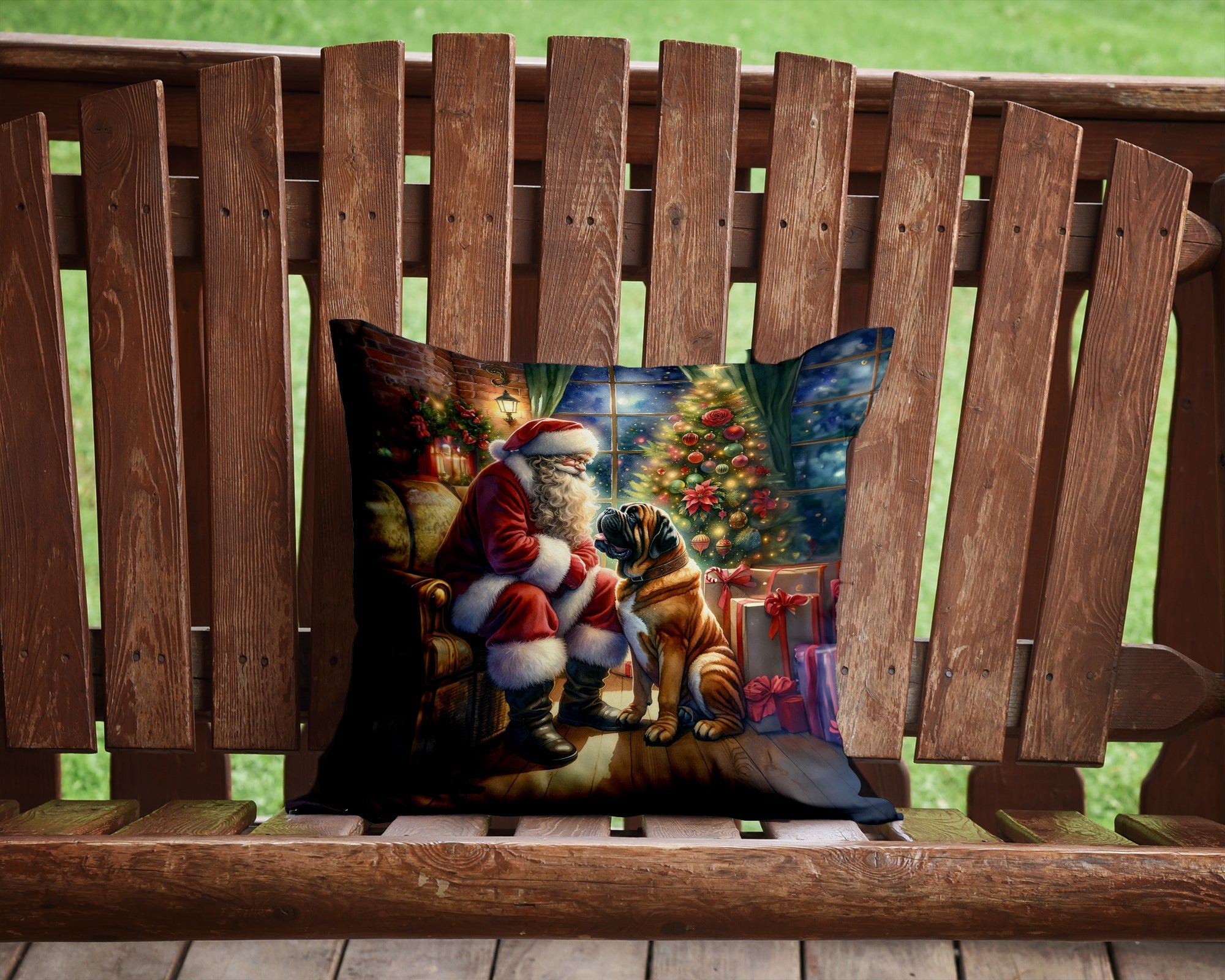 Bullmastiff and Santa Claus Decorative Throw Pillow 14x14 Indoor Outdoor Accent Cushion, Fabric Cover with Insert for Sofa, Bed, Porch & Living Room