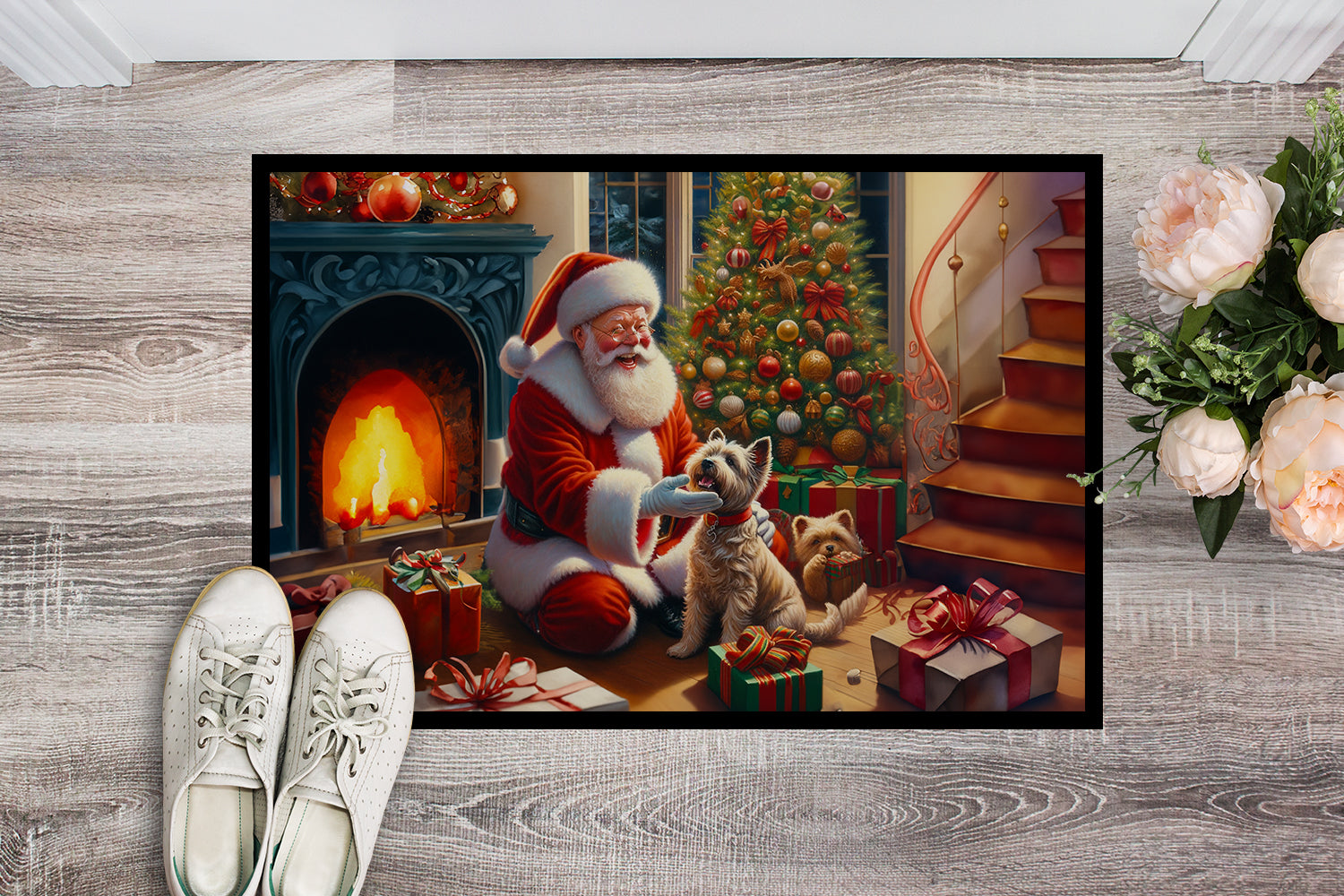 Cairn Terrier and Santa Claus Doormat Indoor Outdoor 24H X 36W Front Door Mat Rugs for Entryway, Non Slip Washable Low Pile,