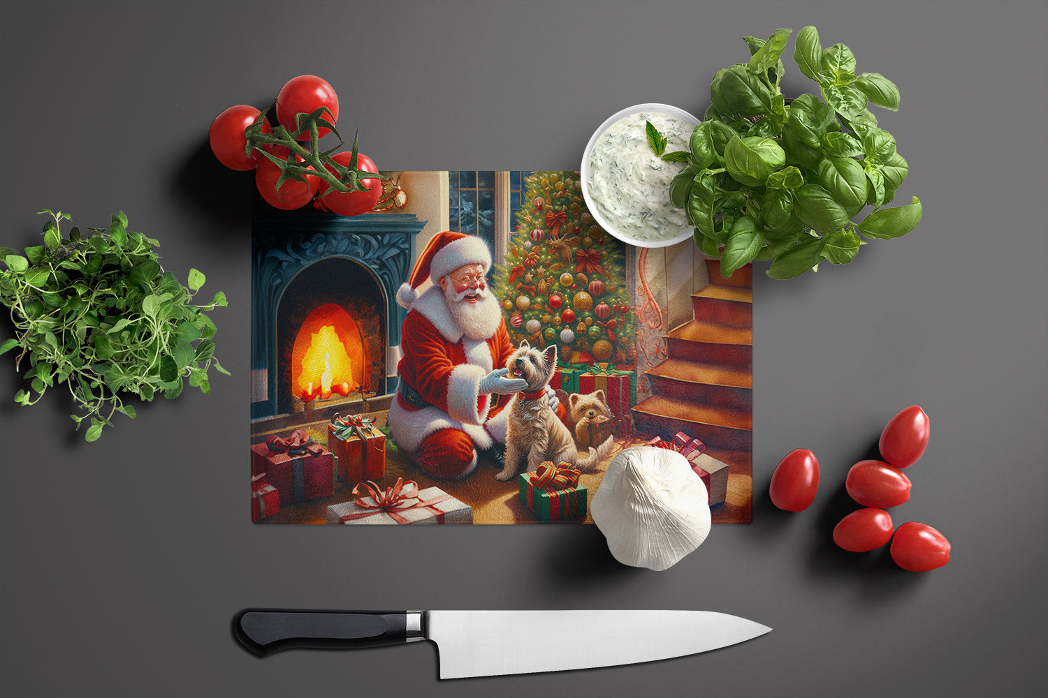 Cairn Terrier and Santa Claus Cutting Board Tempered Glass Kitchen Cutting Surface, Heat Resistant Chopping, Non-Slip Feet, Food Prep & Serving