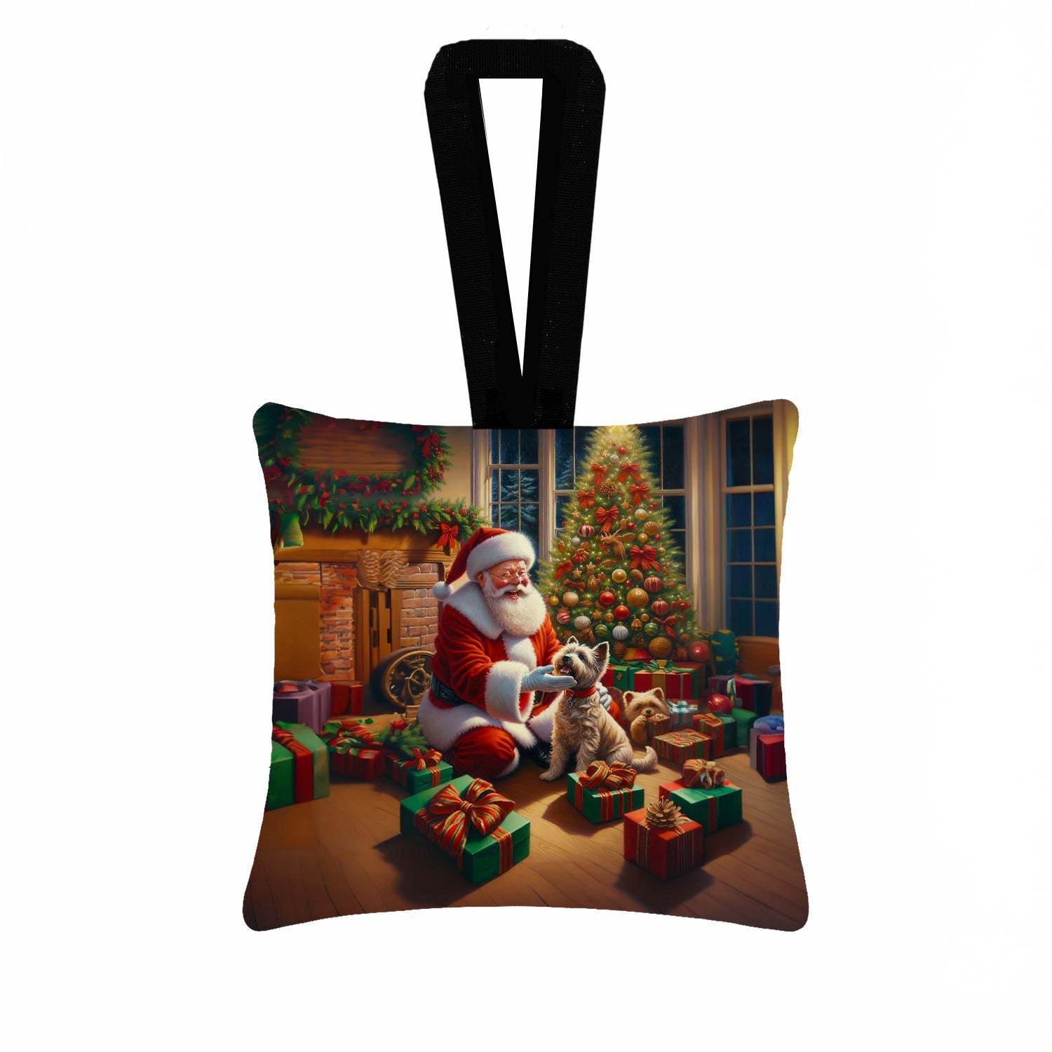Cairn Terrier and Santa Claus Hanging Square Fabric Ornament 3.5 × 3.5 Decorative Door-Knob & Tree Hanger, Soft Fabric
