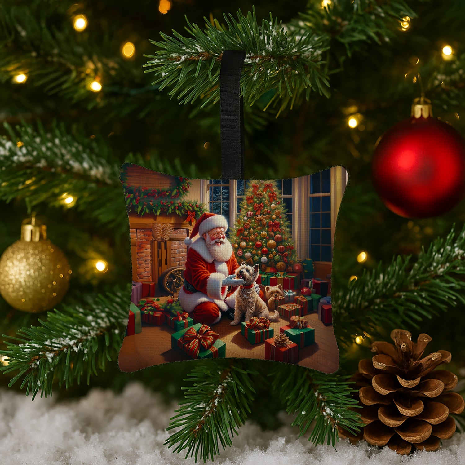 Cairn Terrier and Santa Claus Hanging Square Fabric Ornament 3.5 × 3.5 Decorative Door-Knob & Tree Hanger, Soft Fabric