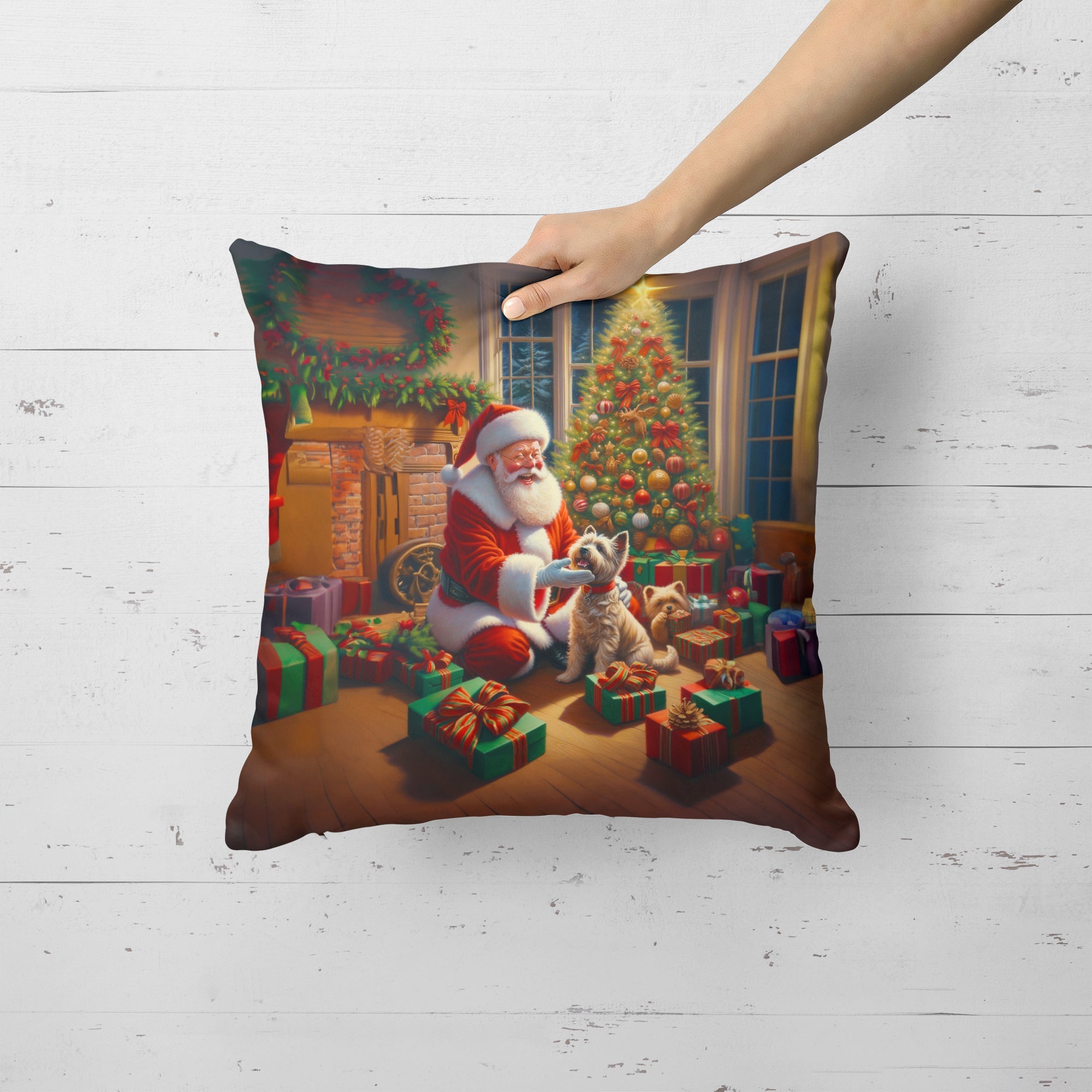 Cairn Terrier and Santa Claus Decorative Throw Pillow 18x18 Indoor Outdoor Accent Cushion, Fabric Cover with Insert for Sofa, Bed, Porch & Living Room