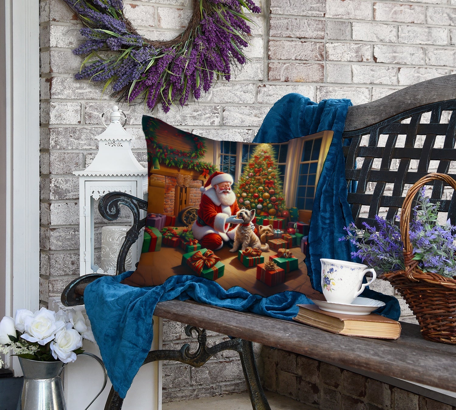 Cairn Terrier and Santa Claus Decorative Throw Pillow 18x18 Indoor Outdoor Accent Cushion, Fabric Cover with Insert for Sofa, Bed, Porch & Living Room