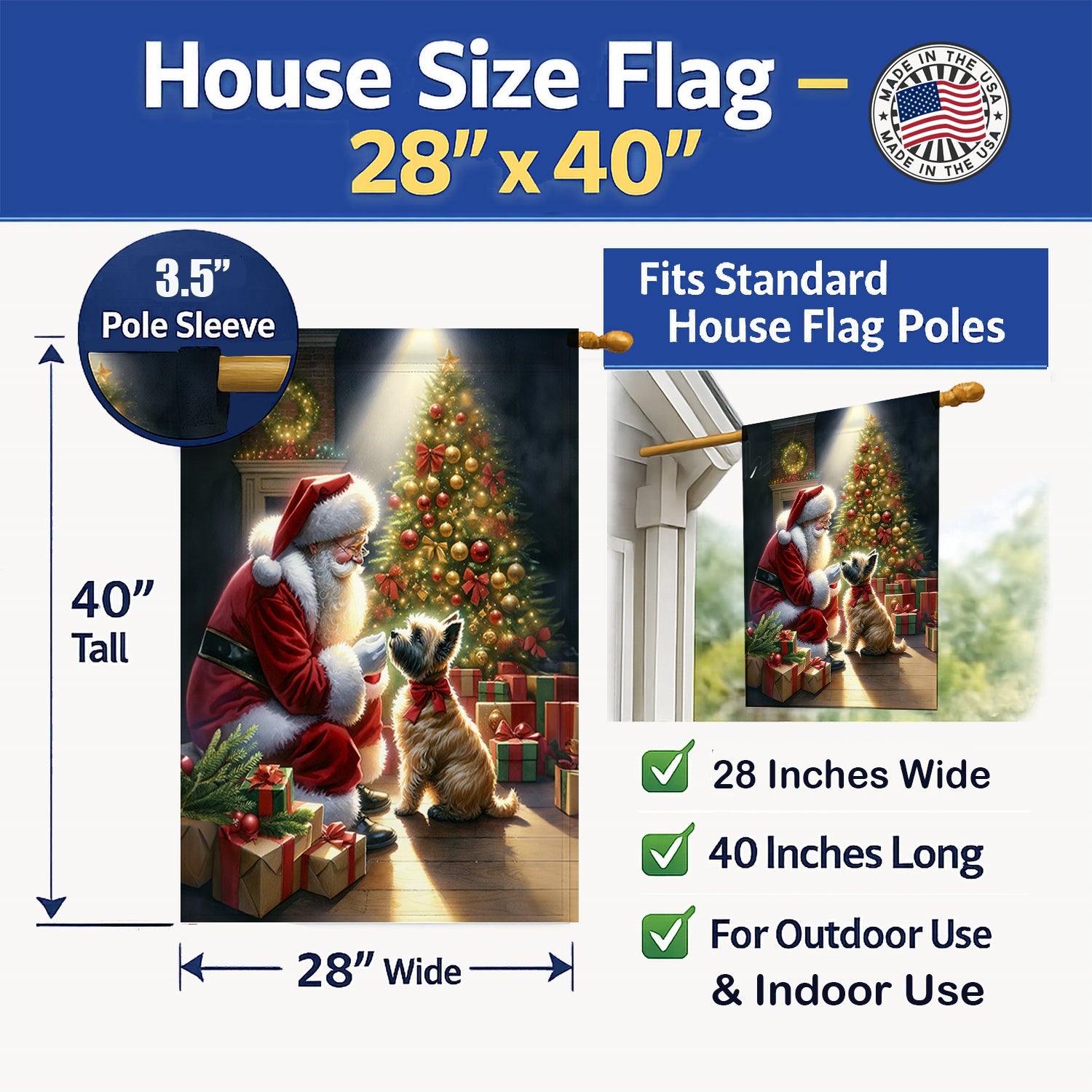 Cairn Terrier and Santa Claus House Flag 28x40 Porch Sleeve Pole Decorative Outside Yard Banner Artwork Wall Hanging, Polyester