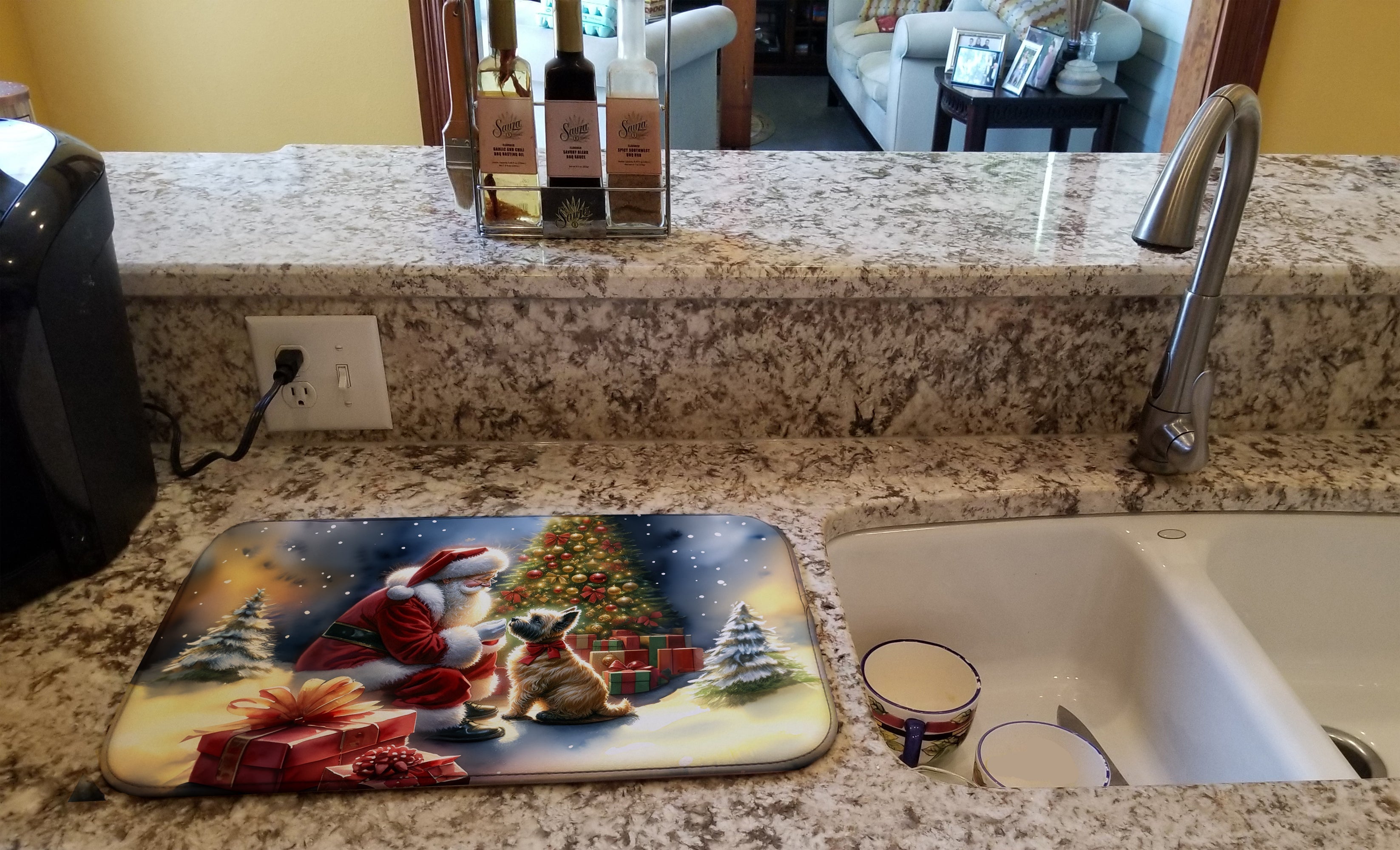 Cairn Terrier and Santa Claus Dish Drying Mat Absorbent Dish Drying Mat Pad for Kitchen Counter Dish Drainer Mat for Countertop, 14 x 21", Multicolor