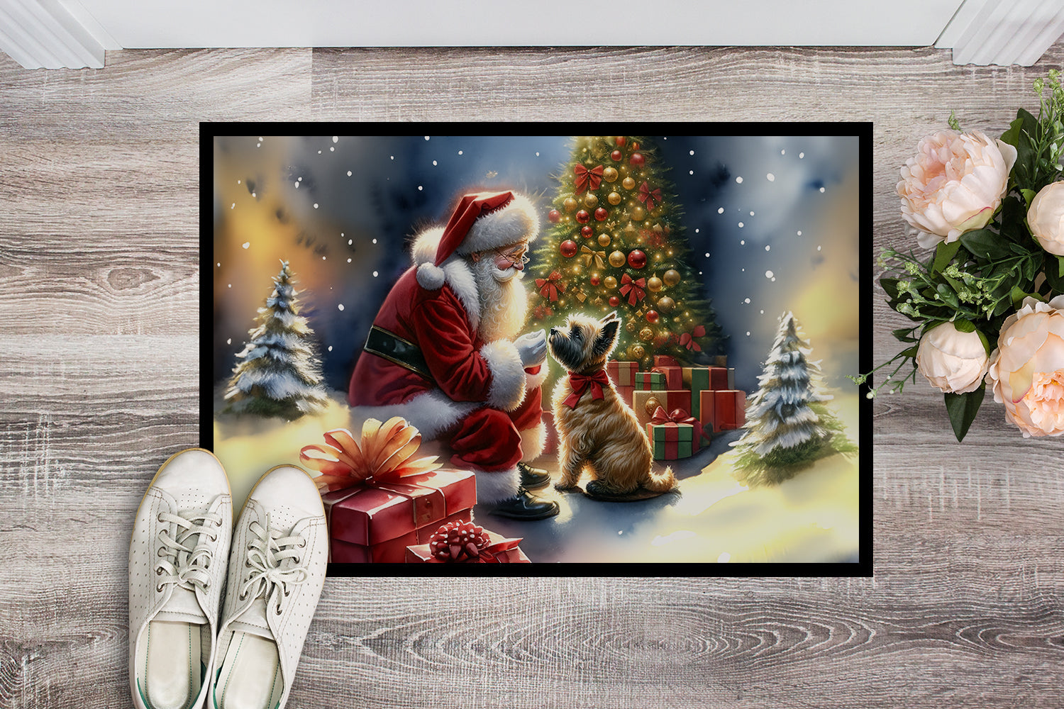 Cairn Terrier and Santa Claus Doormat Indoor Outdoor 18H X 27W Front Door Mat Rugs for Entryway, Non Slip Washable