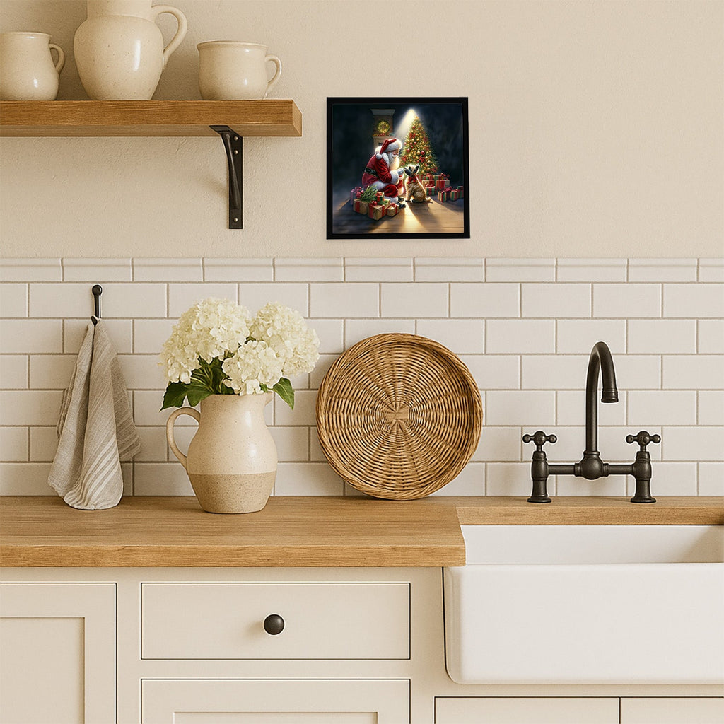 Cairn Terrier and Santa Claus Framed Metal Print Bathroom, Kitchen, Office, Home Decor Wall Art Ready to Hang, Square, 8X8