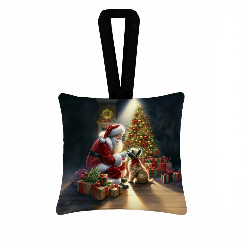 Cairn Terrier and Santa Claus Hanging Square Fabric Ornament 3.5 × 3.5 Decorative Door-Knob & Tree Hanger, Soft Fabric