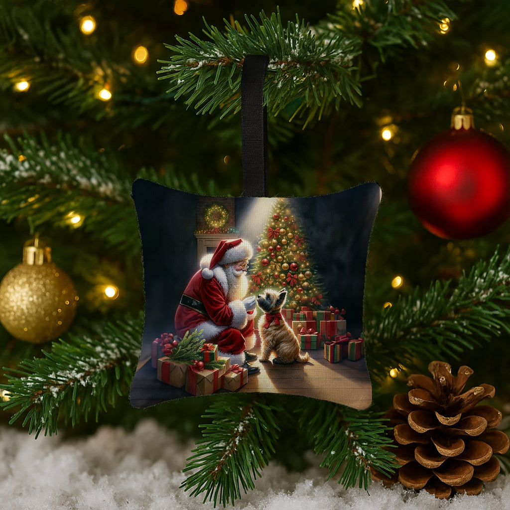 Cairn Terrier and Santa Claus Hanging Square Fabric Ornament 3.5 × 3.5 Decorative Door-Knob & Tree Hanger, Soft Fabric
