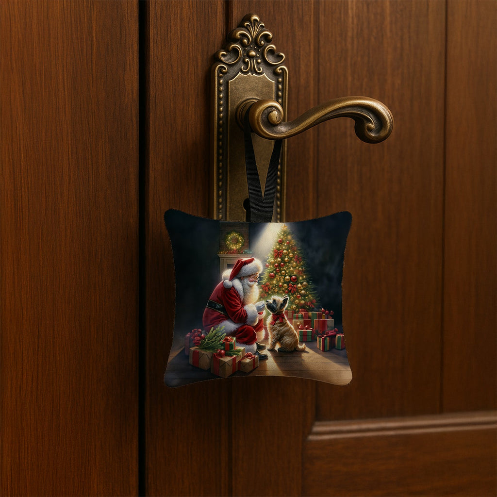 Cairn Terrier and Santa Claus Hanging Square Fabric Ornament 3.5 × 3.5 Decorative Door-Knob & Tree Hanger, Soft Fabric