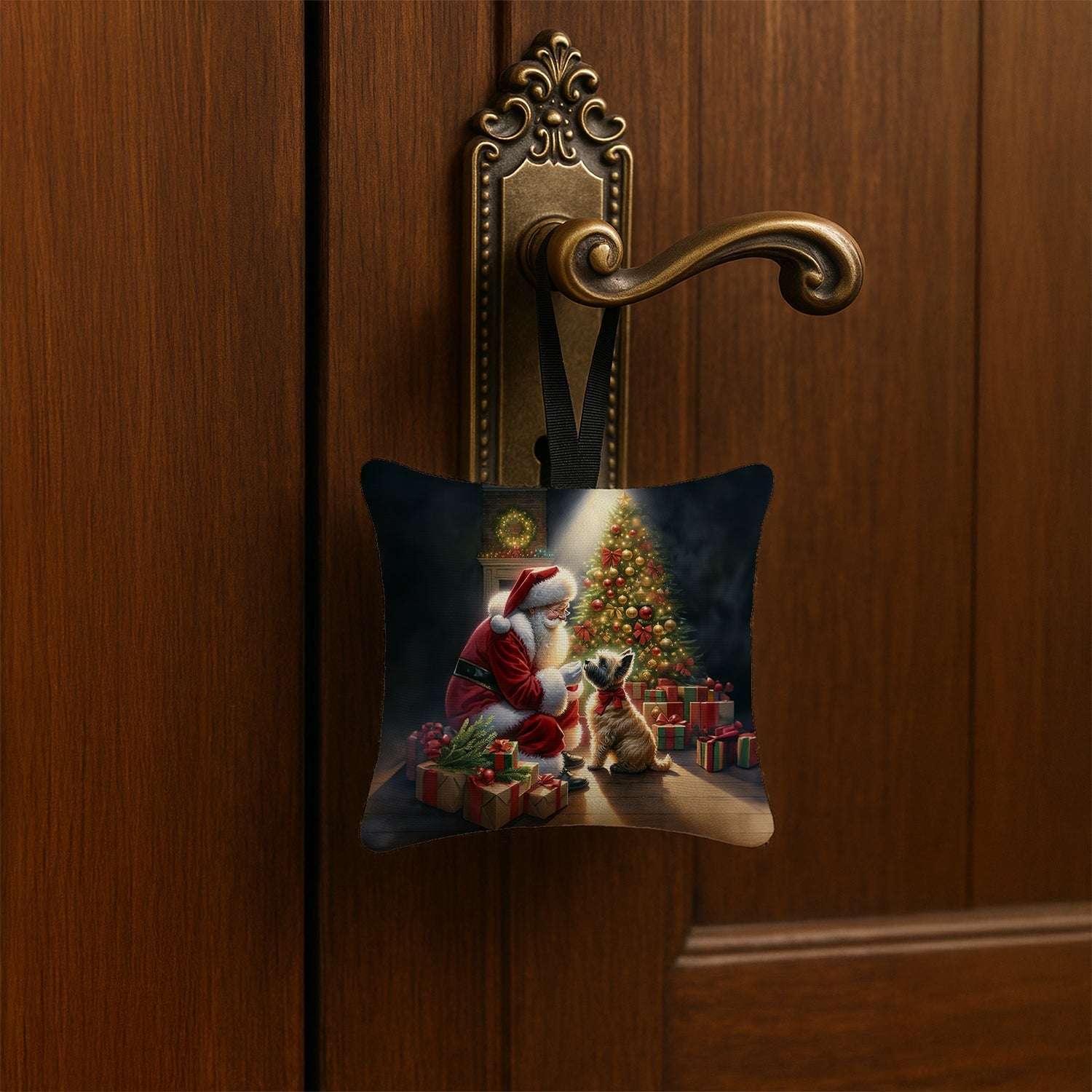 Cairn Terrier and Santa Claus Hanging Square Fabric Ornament 3.5 × 3.5 Decorative Door-Knob & Tree Hanger, Soft Fabric