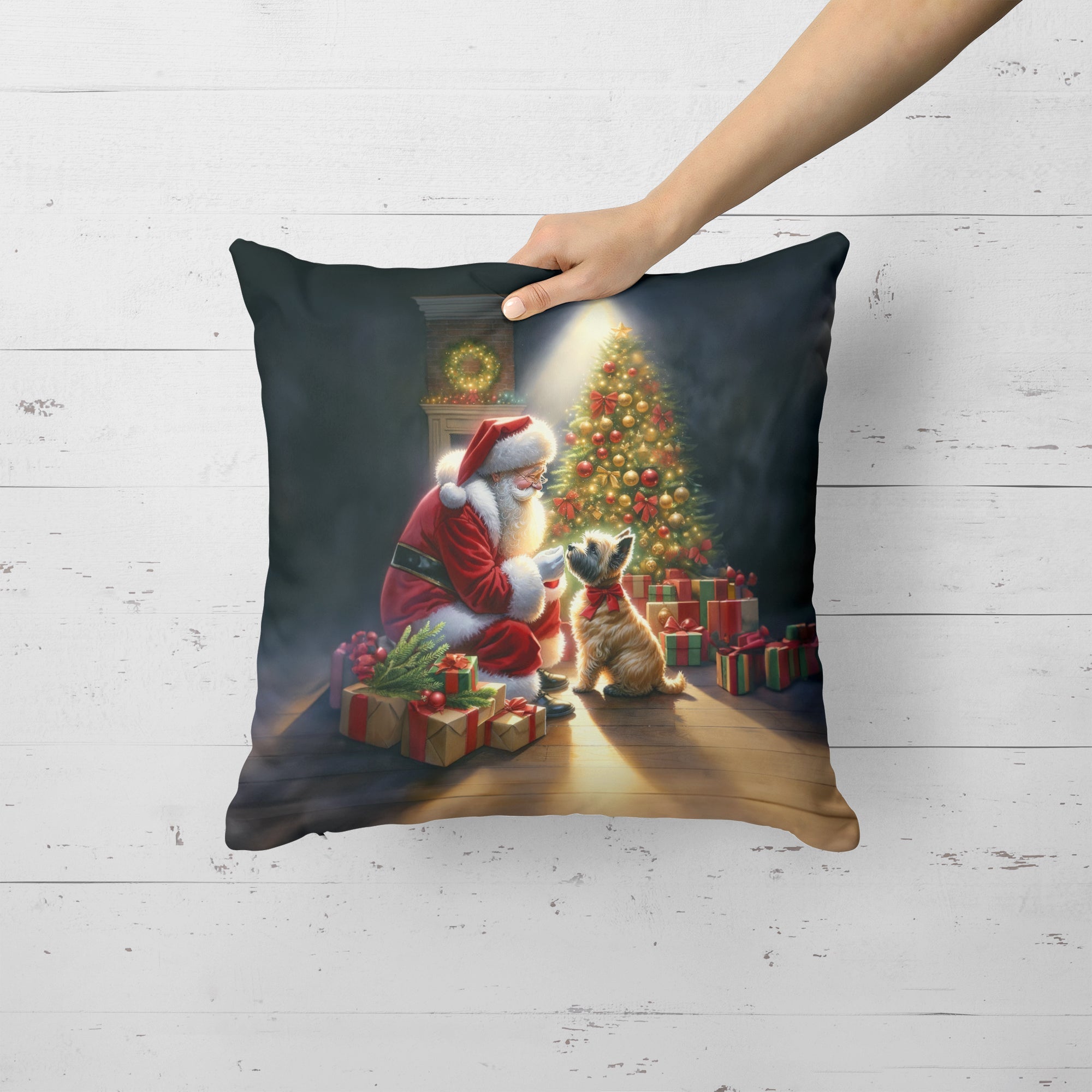 Cairn Terrier and Santa Claus Decorative Throw Pillow 18x18 Indoor Outdoor Accent Cushion, Fabric Cover with Insert for Sofa, Bed, Porch & Living Room