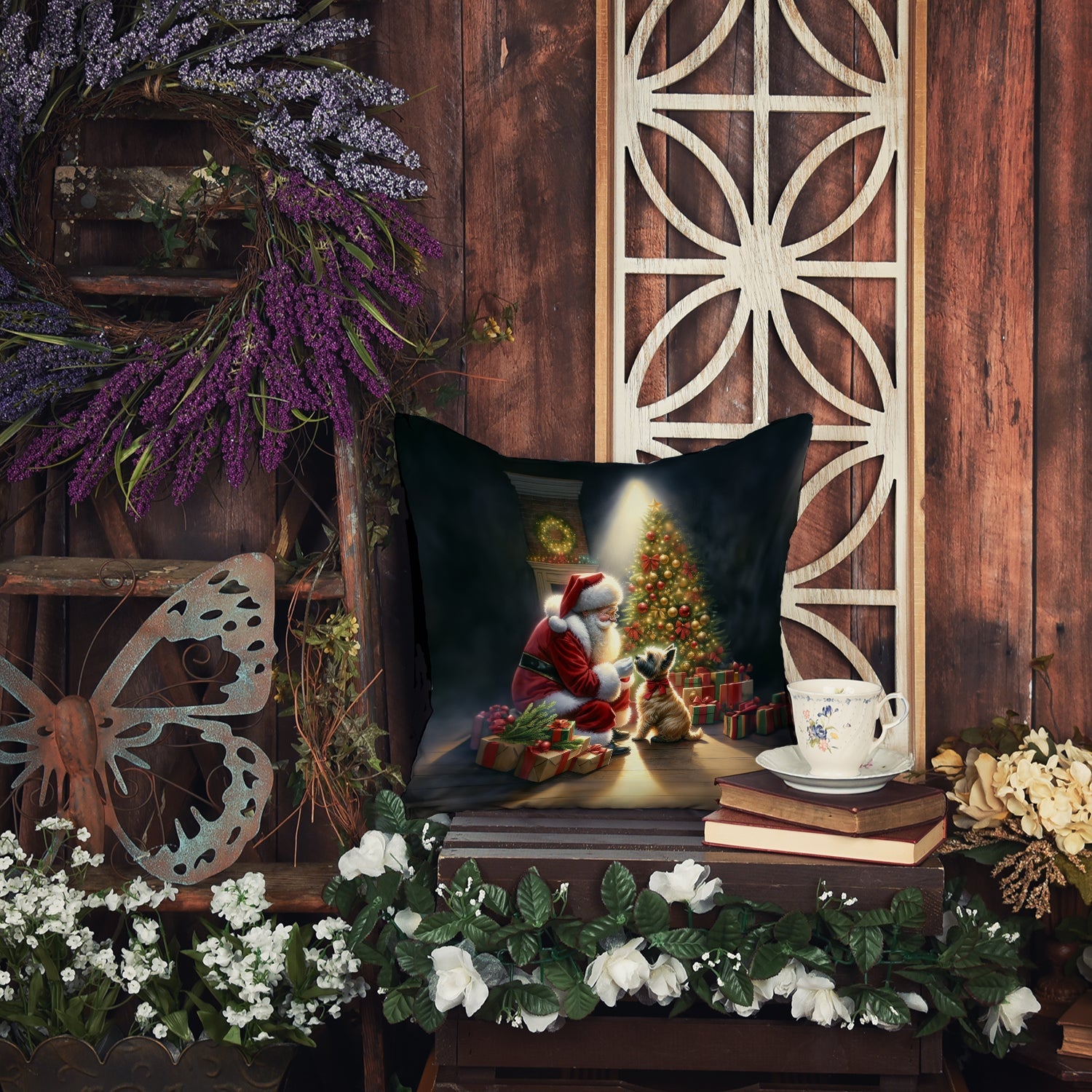 Cairn Terrier and Santa Claus Decorative Throw Pillow 18x18 Indoor Outdoor Accent Cushion, Fabric Cover with Insert for Sofa, Bed, Porch & Living Room
