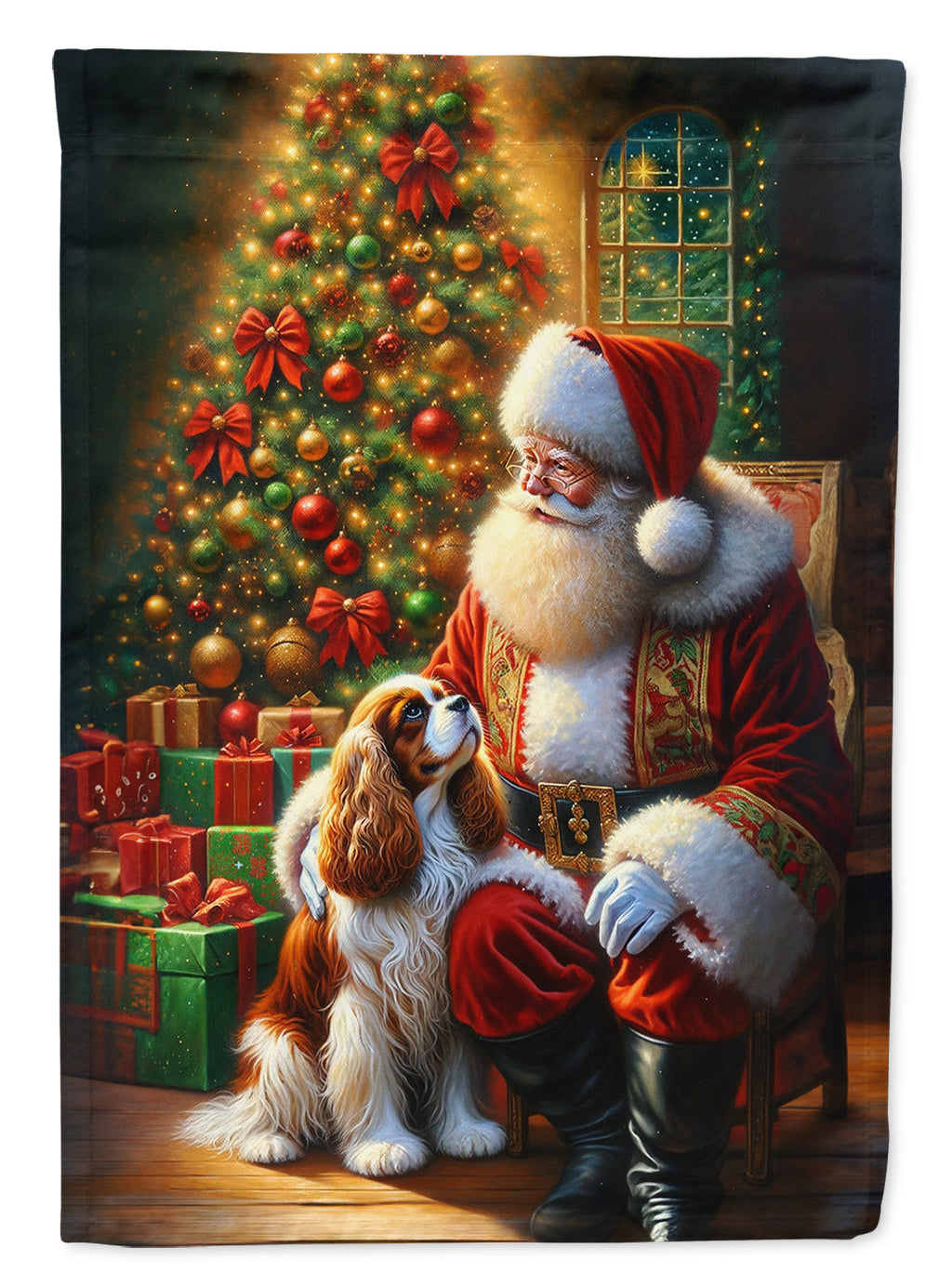 Cavalier Spaniel and Santa Claus House Flag 28x40 Porch Sleeve Pole Decorative Outside Yard Banner Artwork Wall Hanging, Polyester