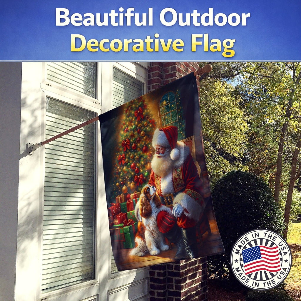 Cavalier Spaniel and Santa Claus House Flag 28x40 Porch Sleeve Pole Decorative Outside Yard Banner Artwork Wall Hanging, Polyester