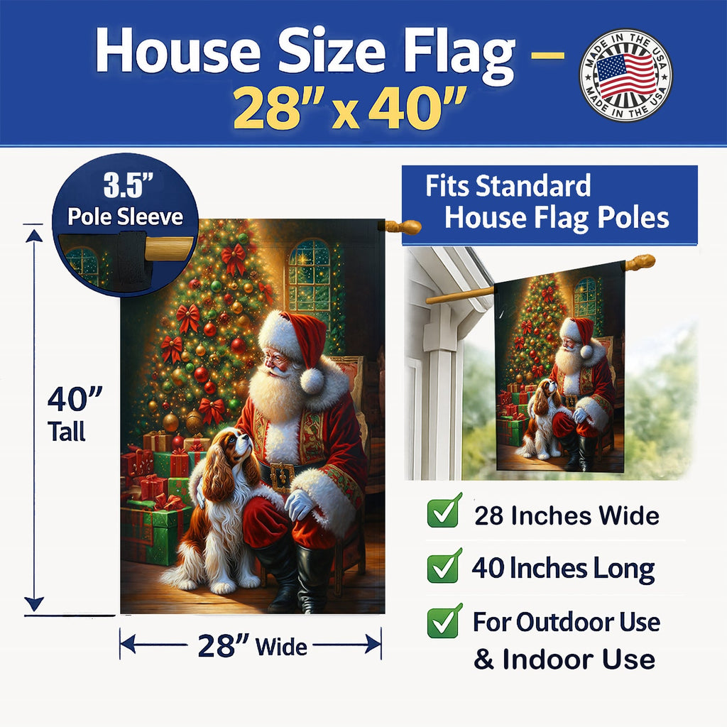 Cavalier Spaniel and Santa Claus House Flag 28x40 Porch Sleeve Pole Decorative Outside Yard Banner Artwork Wall Hanging, Polyester