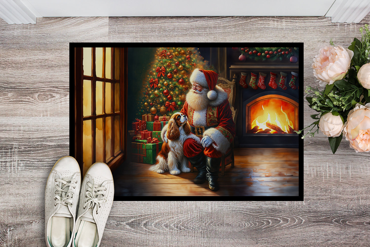 Cavalier Spaniel and Santa Claus Doormat Indoor Outdoor 24H X 36W Front Door Mat Rugs for Entryway, Non Slip Washable Low Pile,