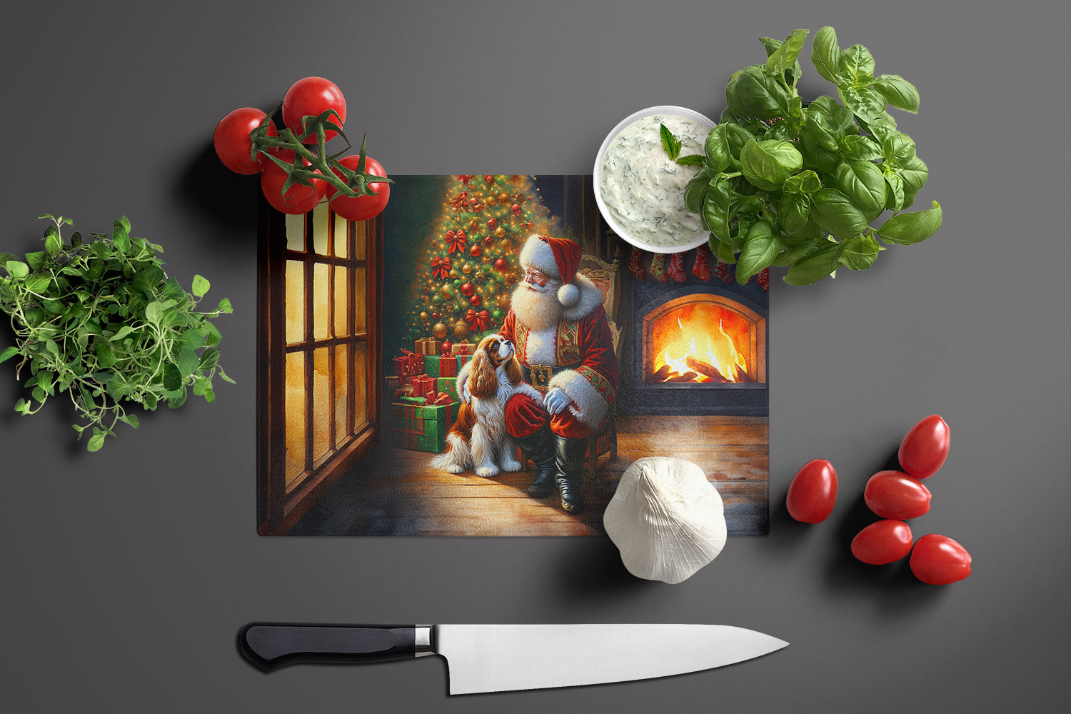 Cavalier Spaniel and Santa Claus Cutting Board Tempered Glass Kitchen Cutting Surface, Heat Resistant Chopping, Non-Slip Feet, Food Prep & Serving