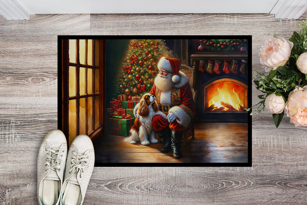 Cavalier Spaniel and Santa Claus Doormat Indoor Outdoor 18H X 27W Front Door Mat Rugs for Entryway, Non Slip Washable
